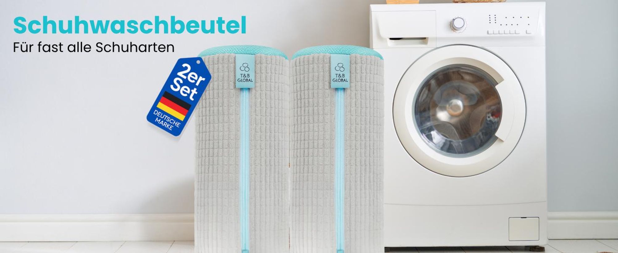 T&B Schuhwaschbeutel Waschmaschine –2 Stück - Grau - 360° Reinigung - Wäschesack Schuhe - wiederverwendbarer Schuhwaschsack für Sneaker, Turnschuhe, S