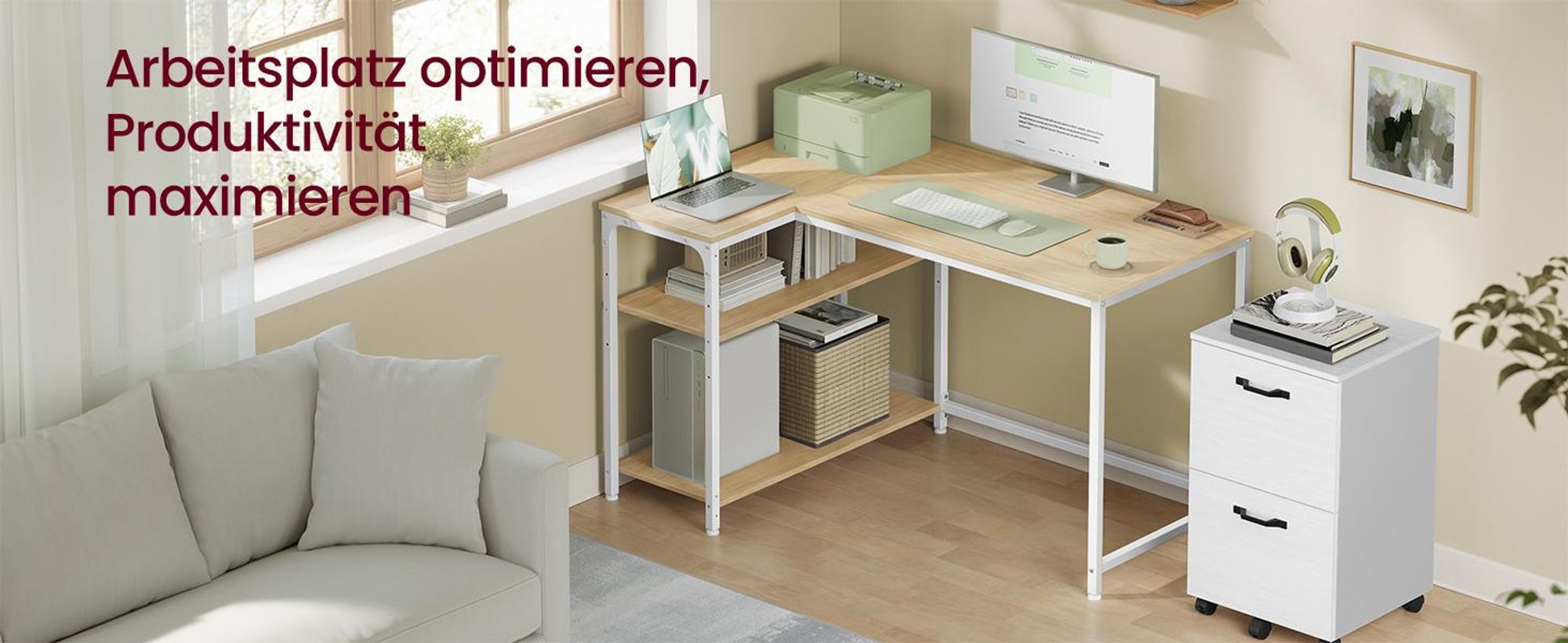 VASAGLE Schreibtisch mit Stauraum, L-Form Computertisch, höhenverstellbare Ablage, Büro, 110 x 80 cm, Natureichenfarben und Mattweiß