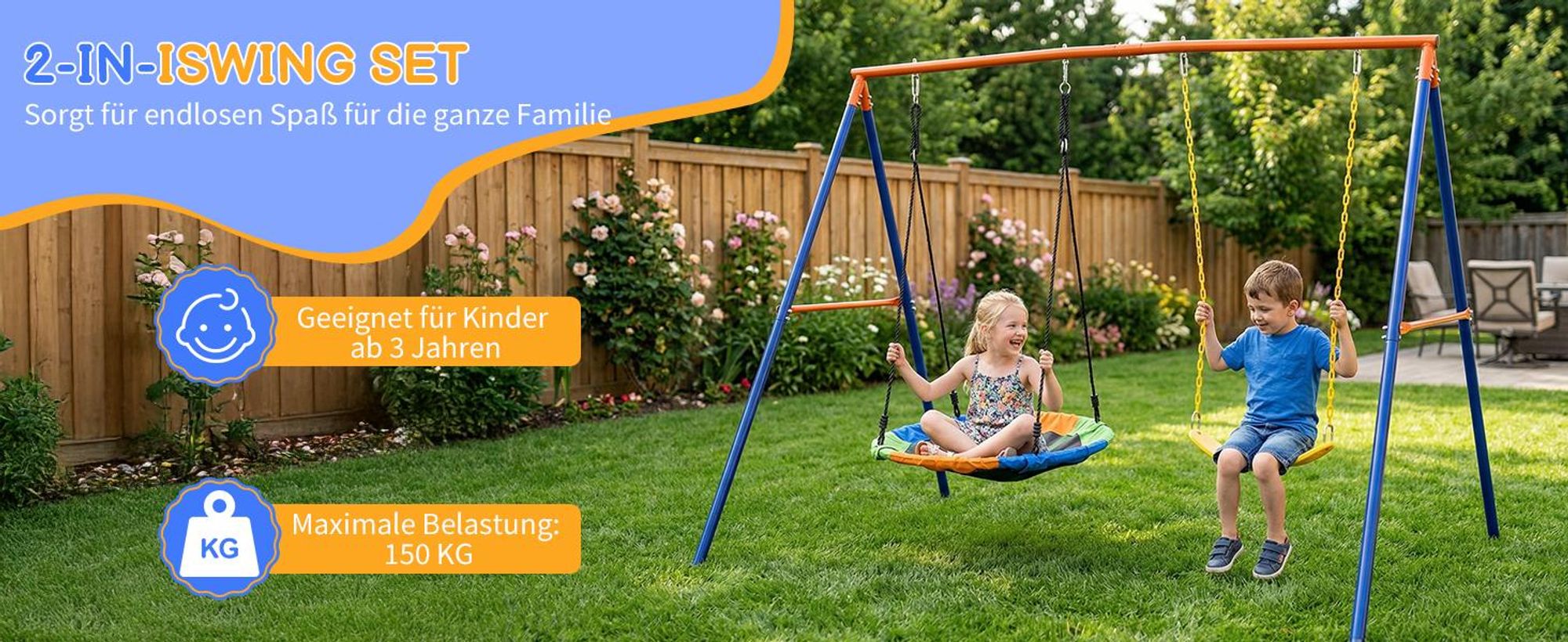 FCH Kinderschaukel 2-in-1 Schaukel Set mit Schaukelteller & Gürtelschwinge, Wetterfestes Schaukelgestell für Kinder, 210x170x180cm
