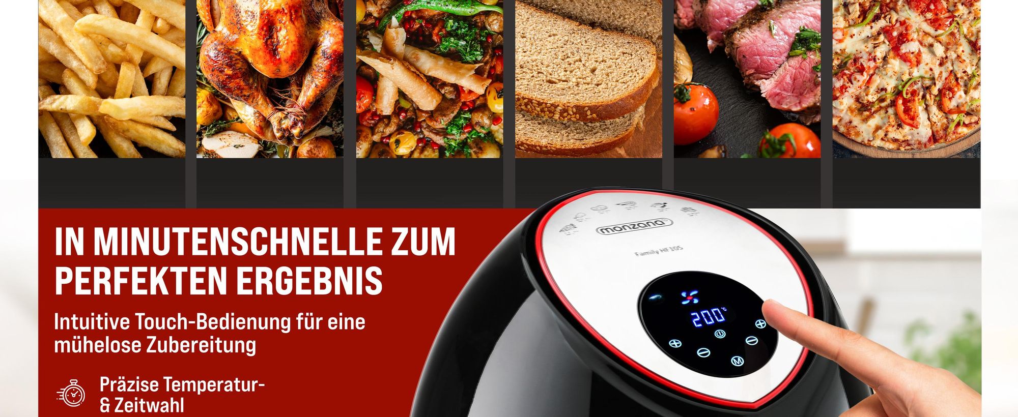 MONZANA Heißluftfritteuse 6,5L XXL 9in1 fettarm digitales LED Touch-Display Timer & Temperatur 80–200 °C Rezeptheft Heißluftofen Fritteuse schwarz