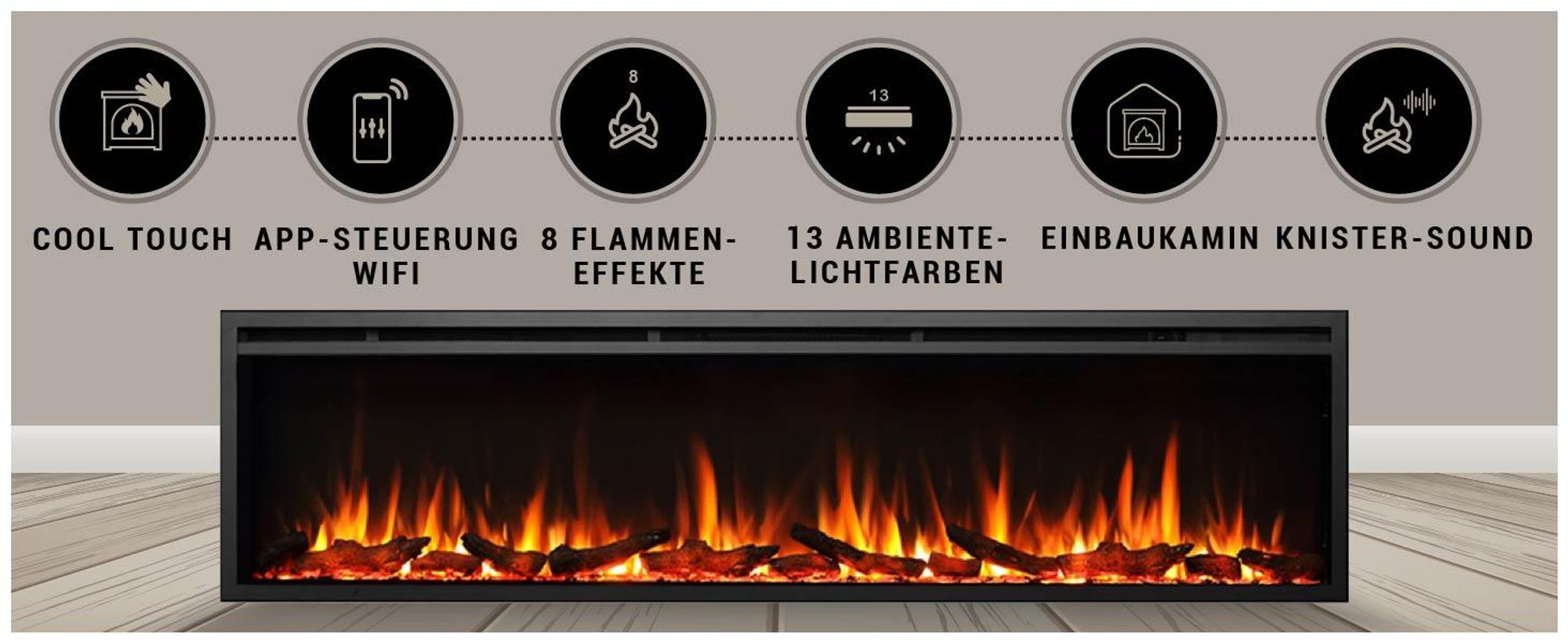 BALDERIA Elektrokamin Atalanta 72" | Einbaukamin, LED 3D-Flammeneffekt, LED-Ambientebeleuchtung, Heizung 1500W, App, Knistereffekt, Timer, Thermostat, Offene-Fenster-Erkennung, Fernbedienung | Schwarz