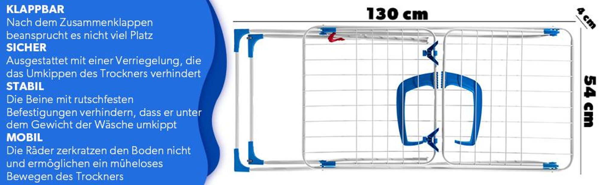 KADAX Wäscheständer ”Sava”, Wäscheständer 3in1, 168 cm, Blau