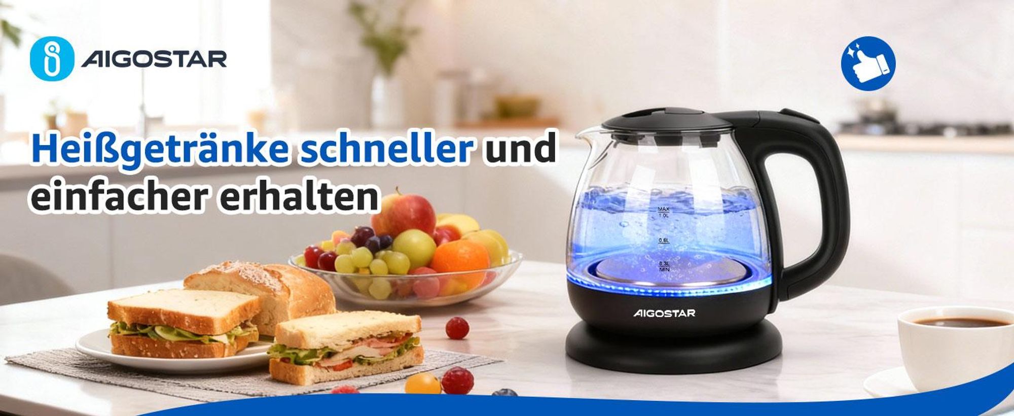 Aigostar - Kleiner wasserkocher glas mit led-beleuchtung, 1 Liter, 2200W