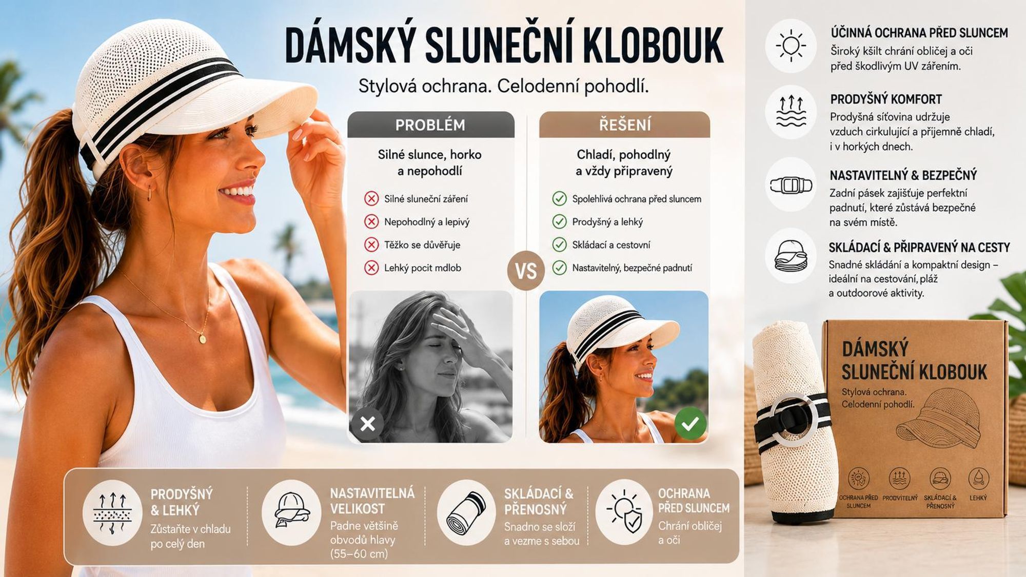 Nastavitelný dámský sluneční klobouk 55–60 cm, prodyšný letní klobouk pro ženy, kšiltovka – SUNIHAT béžová