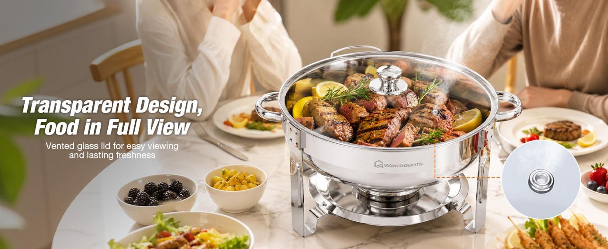 Warmounts 4er-Set Runde Chafing Dishes Buffetwärmer 4,7L mit Glasdeckel, Edelstahl poliert, Stapelbar, Deckelhalter, Speisenwärmer für Party