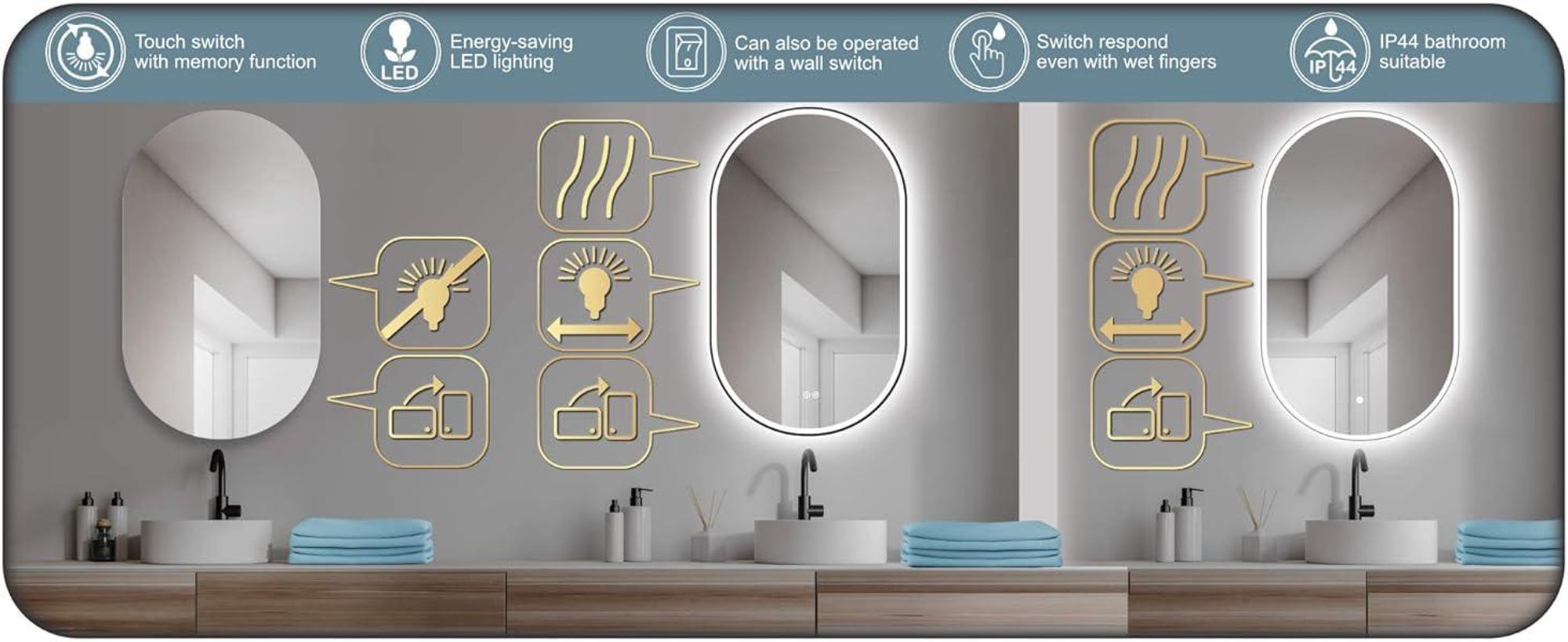 HOKO specchio bagno LED 45x75 cm specchio da parete ovale+cornice+cambiamento LED bianco caldo-bianco freddo-neutro 2700-6500K+interruttore touch+funzione memoria. Torino