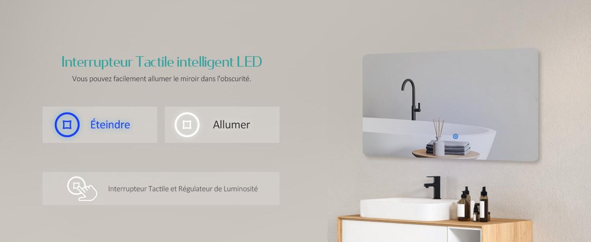 EMKE Miroir de salle de bain LED 100x60cm avec éclairage 3 couleurs de lumière blanc froid neutre blanc chaud Miroir de salle de bain lumineux avec interrupteur tactile