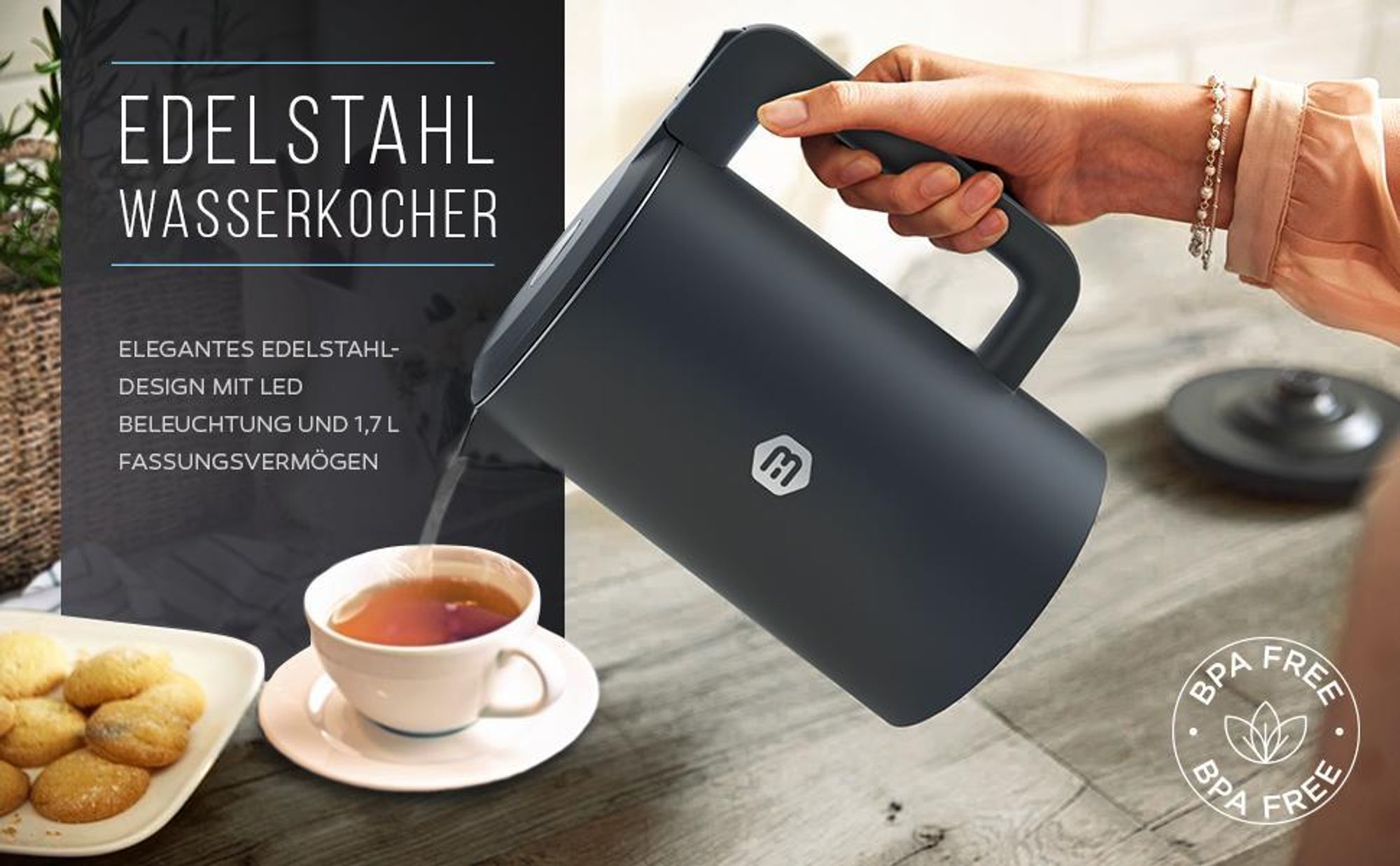 Balter Wasserkocher Edelstahl 1,7L, 2200W, BPA-frei, LED-Beleuchtung, Doppelwand, Teekessel mit Abschaltautomatik, Trockenlaufschutz, Grau
