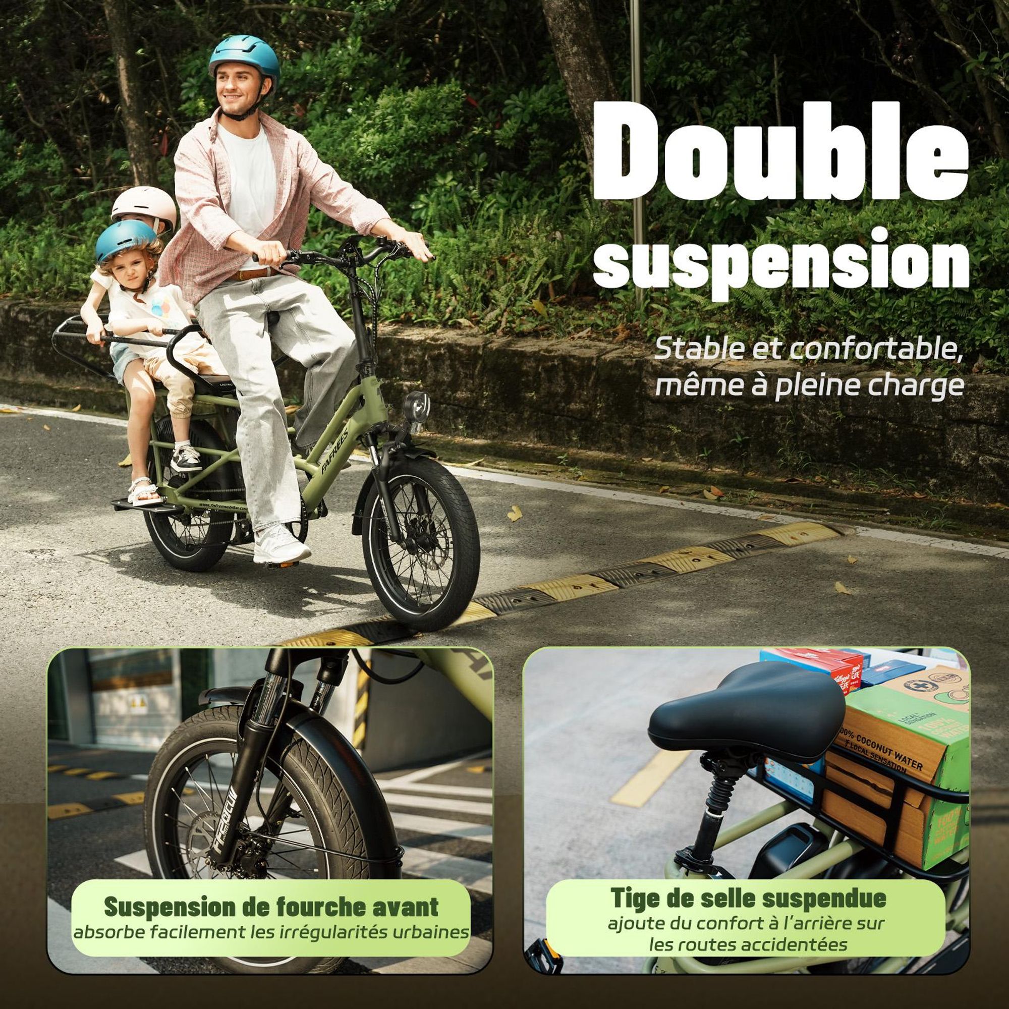 Siège enfant double arrière FAFREES FF20 CUV pour vélo électrique 24AH, 0-12 ans, charge 100kg acier antirouge-noir