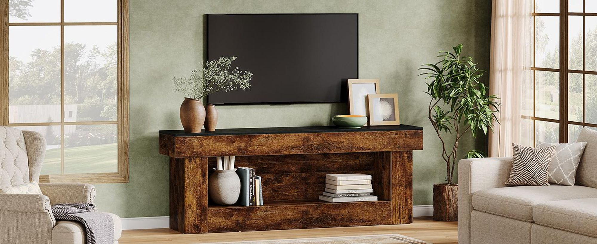 Tribesigns  160 cm TV-Ständer mit Stauraum, Entertainment-Center für 160-180 cm Fernseher, rustikale TV-Konsole mit offenem Stauraum für Schlafzimmer