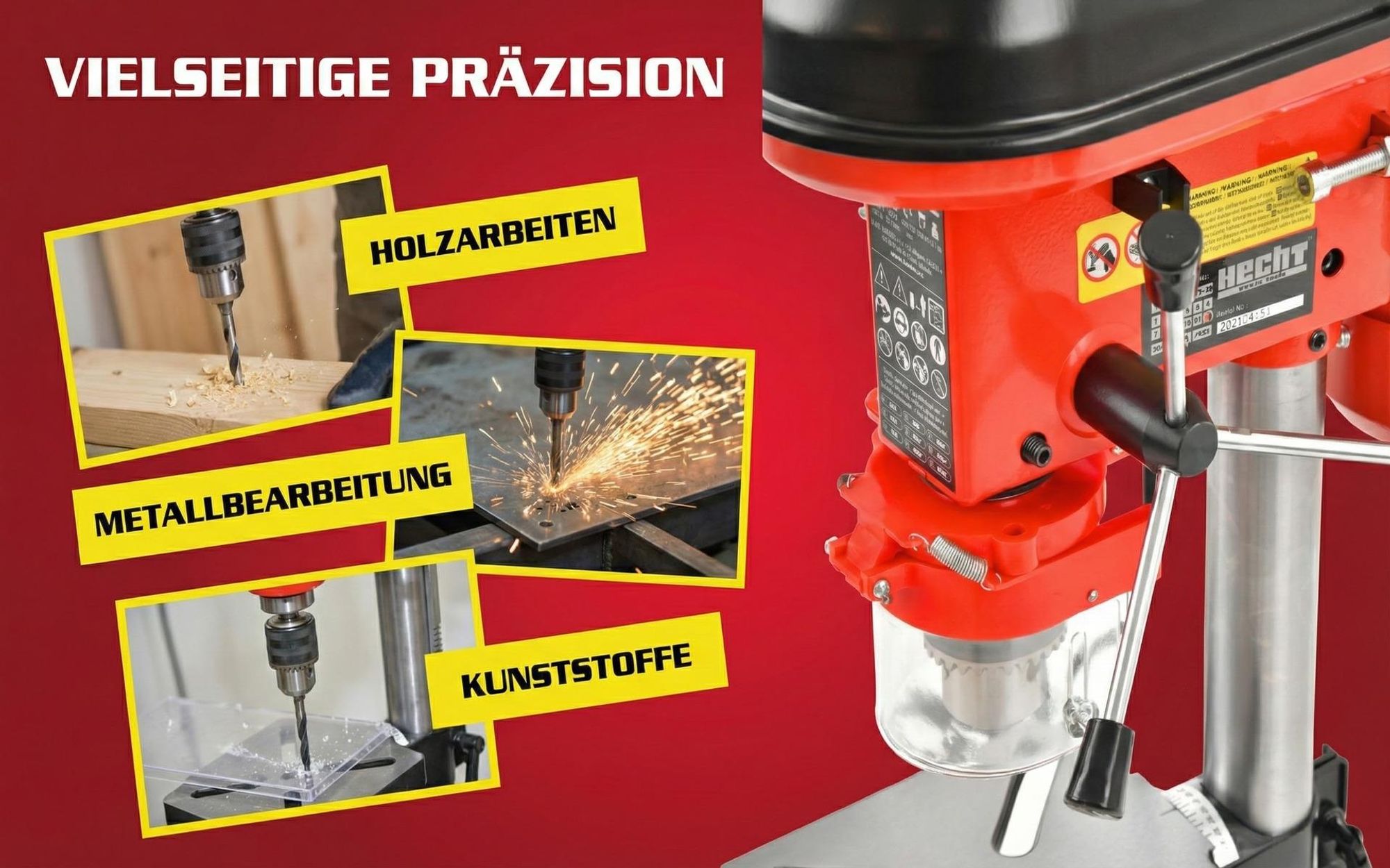 HECHT 1055 Standbohrmaschine | 500 W | 50 mm Spindelhub | 2700 U/min | 1,5 - 16 mm Bohrfutterspannweite