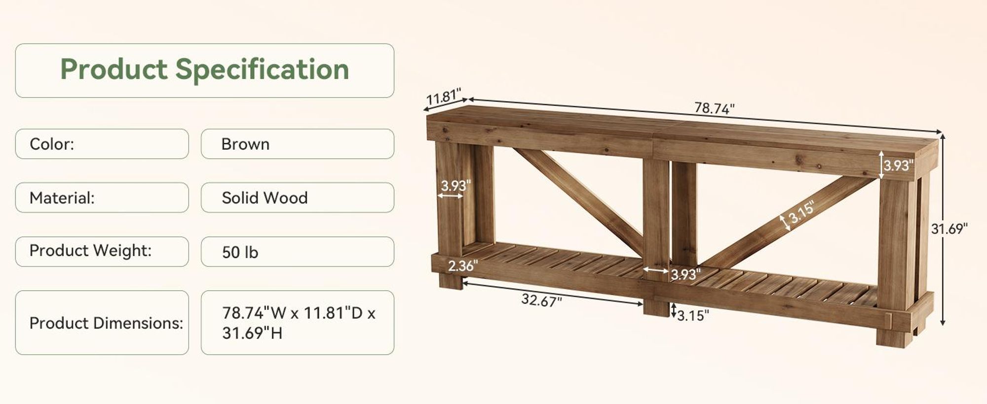 200 cm Konsolentisch aus Massivholz, extra langer, zweistöckiger Flurtisch, Schmaler Sofa-Beistelltisch im Landhausstil mit offener Ablage