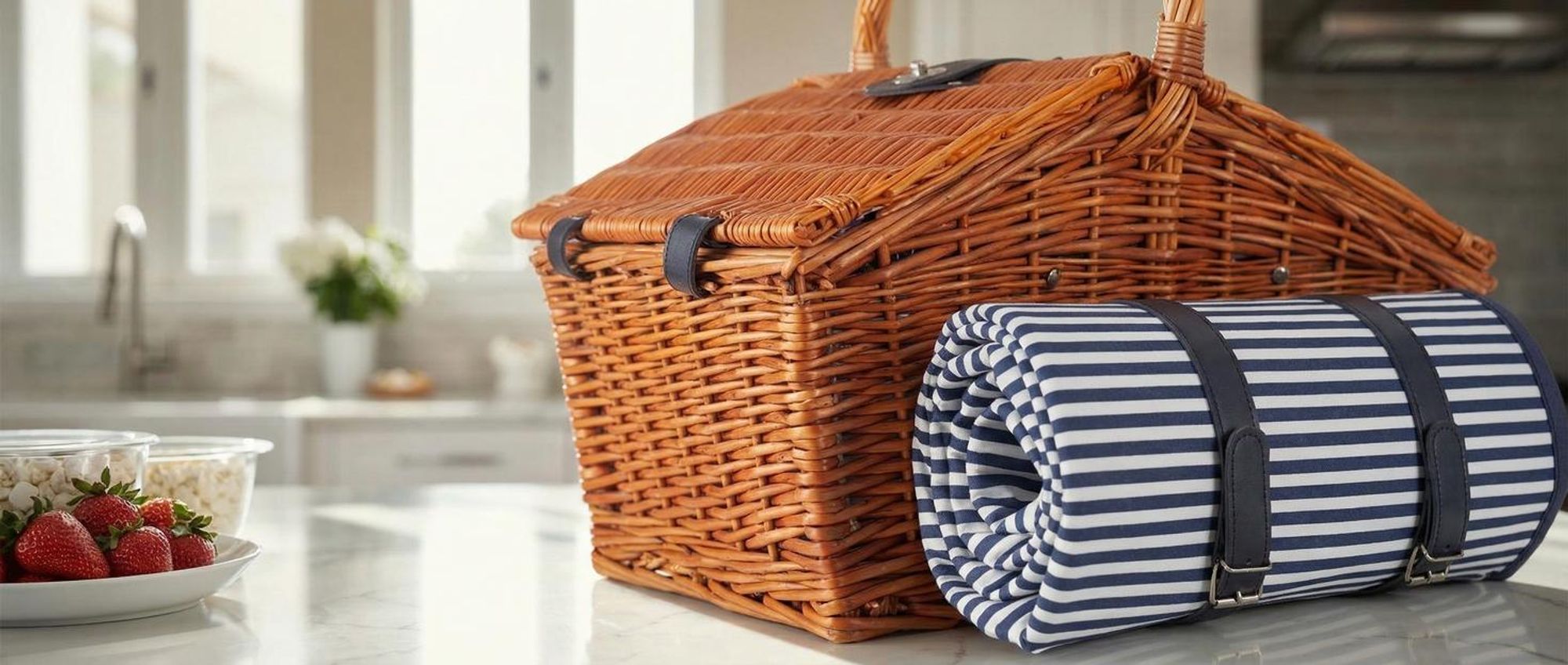 tectake® Picknickkorb Usedom für 4 Personen, mit Picknickdecke inkl. 20-teiliges Geschirrset, Kellnermesser und Gewürzstreuer