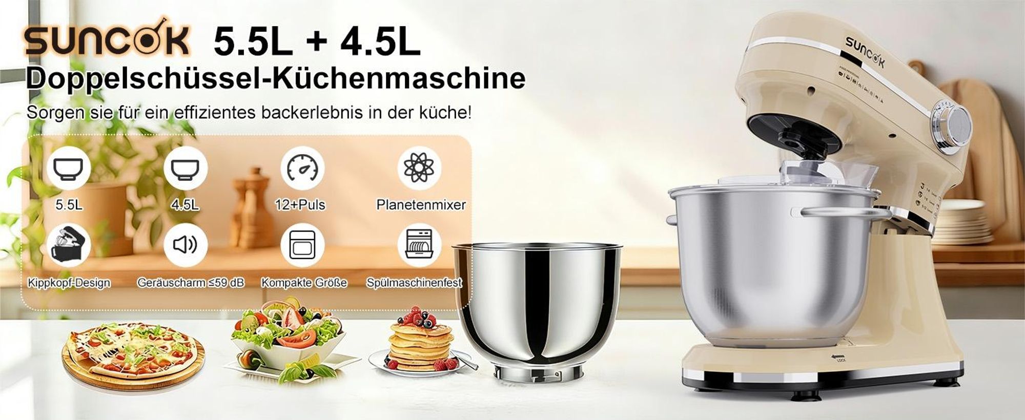 SUNCOK Multifunktions Küchenmaschine,1500W, 2 Edelstahl-Rührschüssel 4.5L+5.5L, 12 Geschwindigkeiten, mit Rührhaken,Knethaken,Schneebesen,Spritzschutz