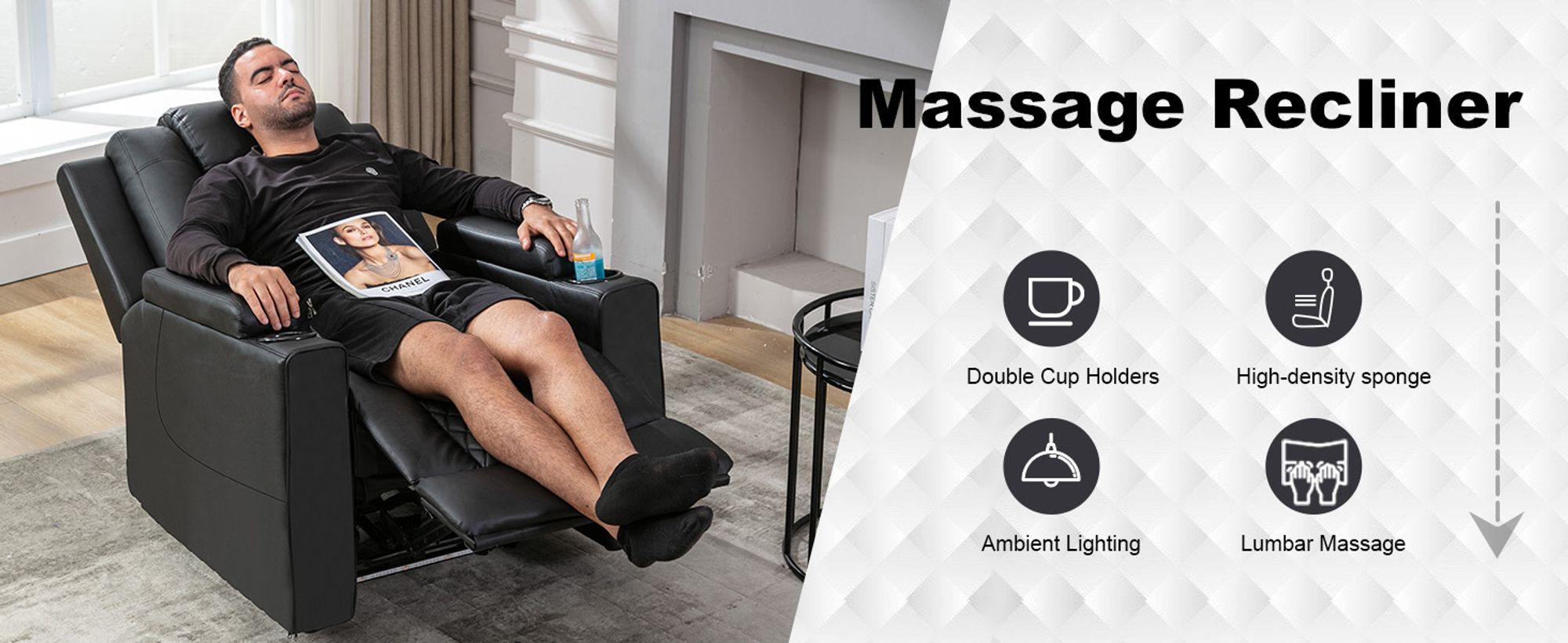 COMHOMA Elektrisch Relaxsessel TV-Sessel mit Massagefunktion mit LED-Lichtern, Fernbedienung, Aufbewahrungstasche, Getränkehal schwarz