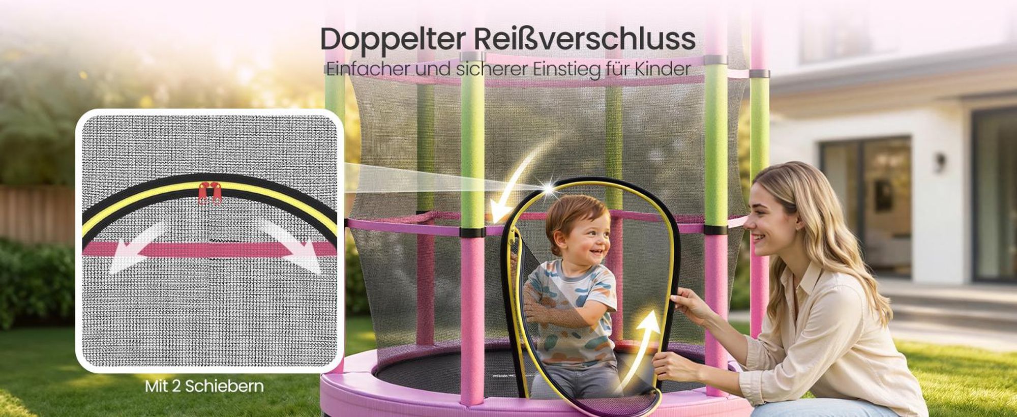 SONGMICS Trampolin Kinder, 174 cm Gartentrampolin mit Sicherheitsnetz, Mini-Trampolin für innen und außen, Stahlrahmen, pink