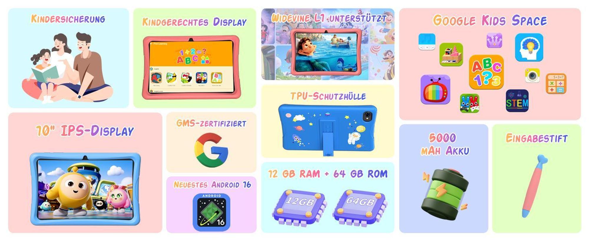 Tabwee K10 Kids 10.1" Rosa Tablet, Google Kids Space, 4GB RAM+64GB ROM, Android 15 WiFi Tablet für Kind mit Kindgerechte Hülle und Stift, 5000mAh