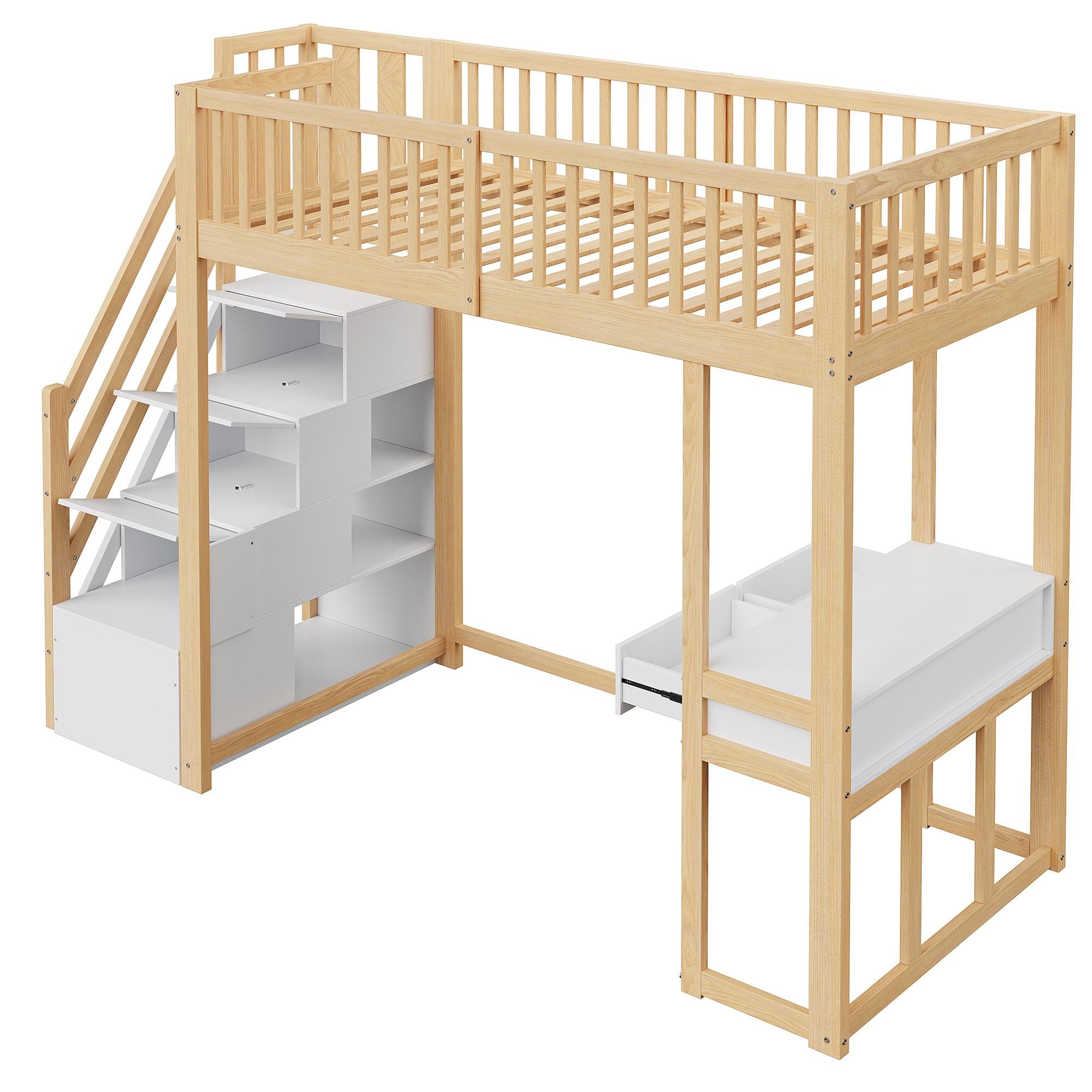 Flieks Etagenbett 90x200cm mit Rausfallschutz, Hochbett mit Schreibtisch, Kinderbett Einzelbett Holzbett mit Schubladen, Stockbett mit Treppe, Holz