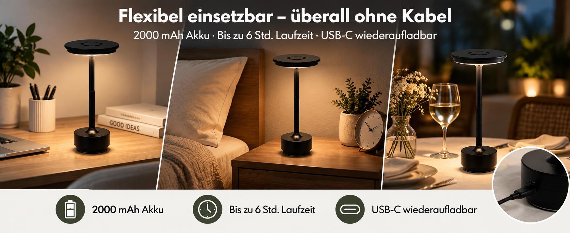 2er Set Kabellose Dimmbare LED Akku Tischleuchten, Touch Tischlampen, 3 Lichtfarben, Nachttischlampen für Wohnzimmer Schlafzimmer, Schwarz