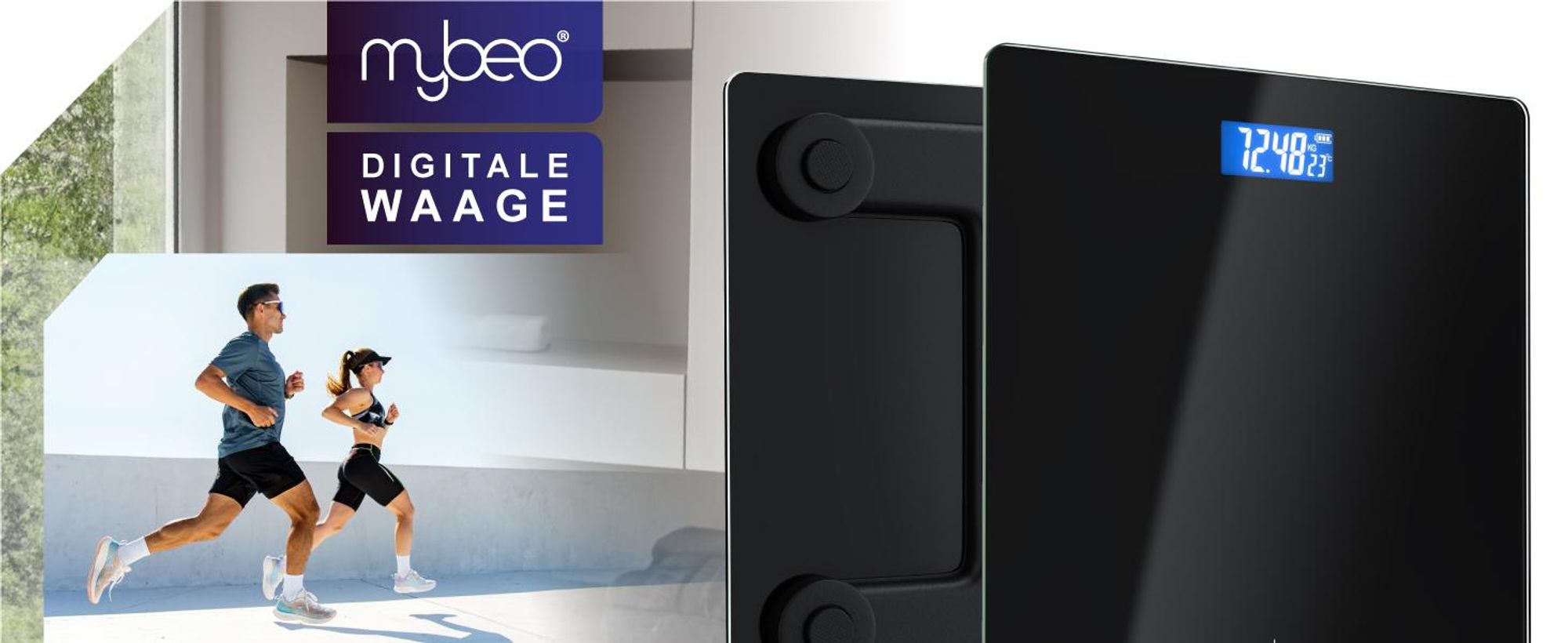 MyBeo Personenwaage digital, Waage, große Sicherheitsglas Trittfläche, Temperaturanzeige, Badezimmer Digitalwaage, schmales Design, max. Belastung über 150 kg