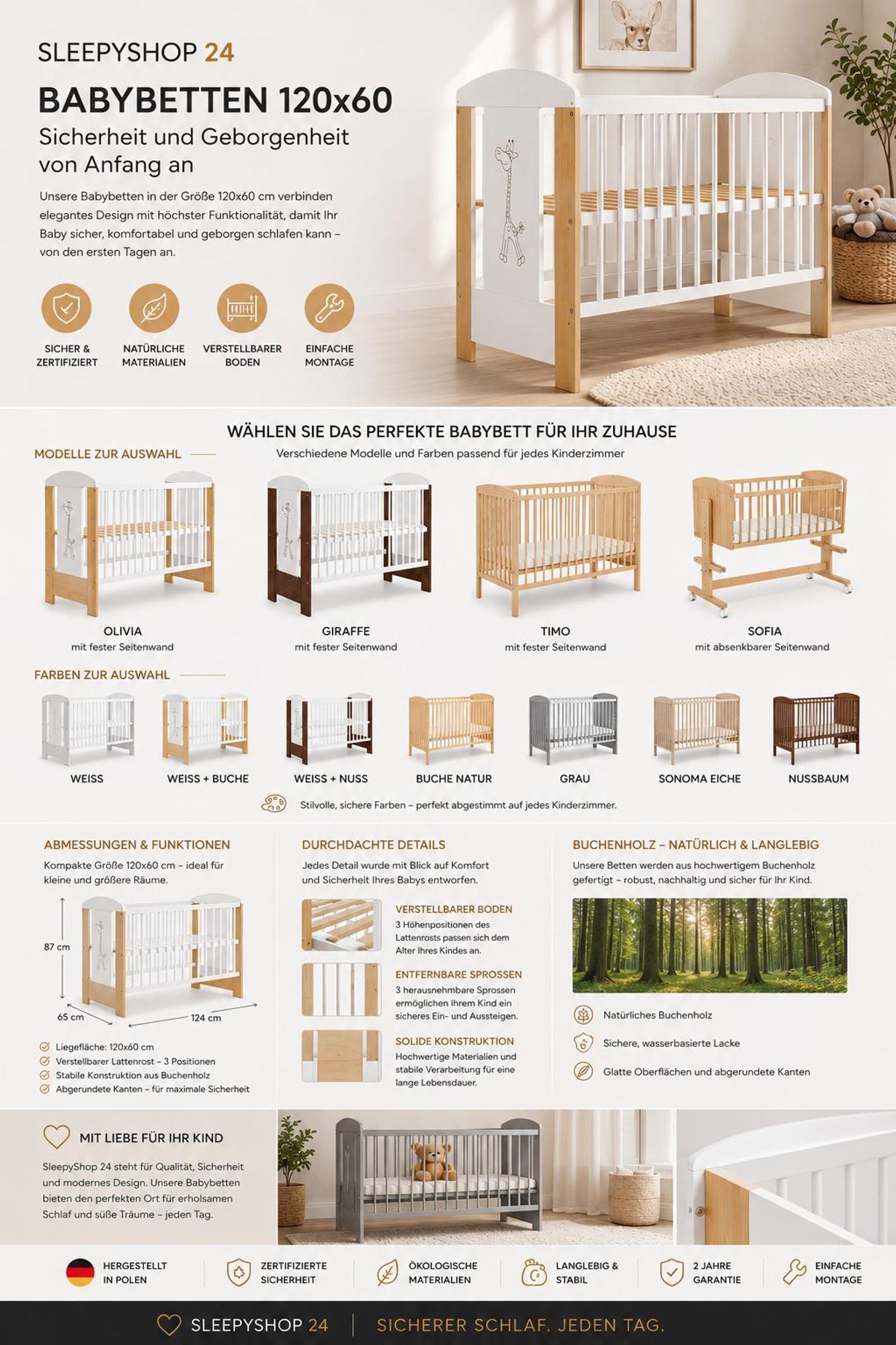 Klups ZOYA 5in1 Beistellbett & Wiege | Babybett auf Rollen | Kiefernholz Weiß | Multifunktional: Beistellbett, Wiege, Kinderbett, Sofa, Spielzeugtruhe