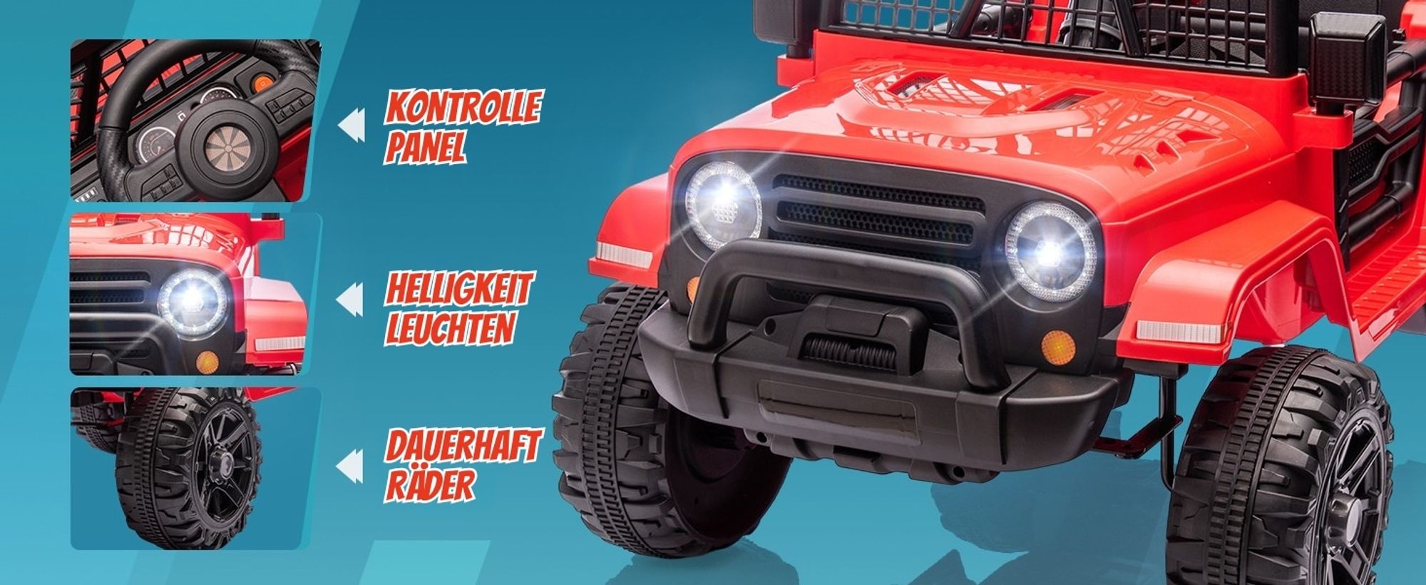 FCH Elektroauto für Kinder, kinder elektroauto mit 2,4-GHz-Fernbedienung, LED-Licht, Musik und USB, 12-V-Doppelantrieb (rot)