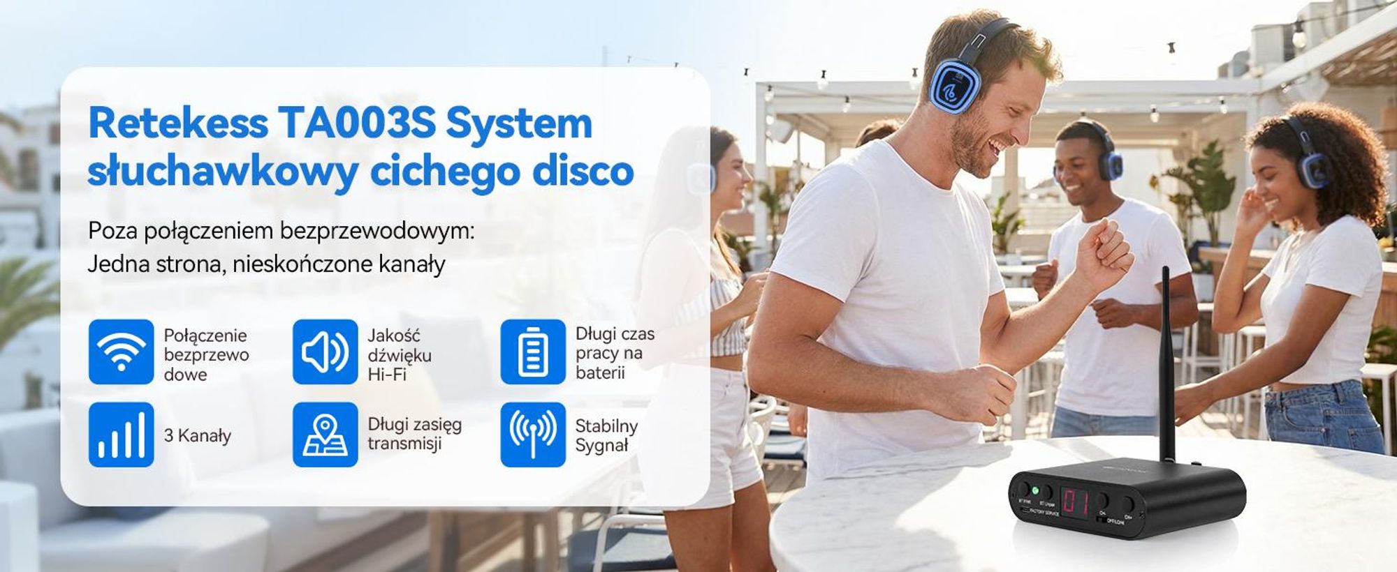 Retekess TA004S Silent Disco – bezprzewodowe słuchawki, ulepszona wersja systemu audio, 6 kanałów z Bluetooth, składane, do telewizora, jogi, medytacji