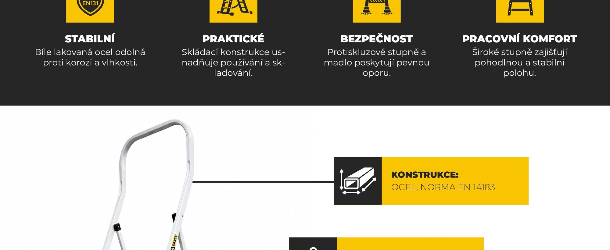 DRABEST | Rebrík - séria PRO, 3 stupne - nosnosť 150 kg, rebrík, skladací rebrík, rebrík 3 stupne, rebrík pre domácnosť