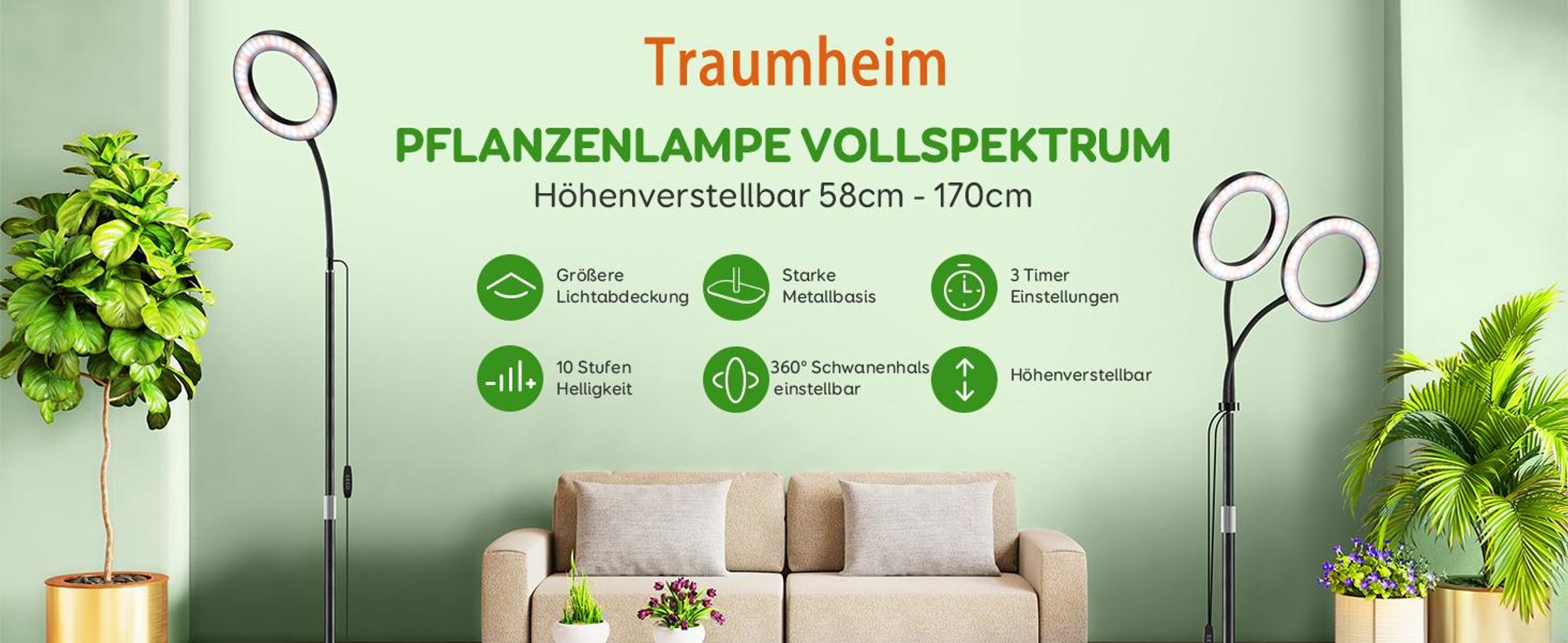 LED Pflanzenlampe Vollspektrum 2 Köpfe, 144 LEDs, 10-stufig dimmbar, Timer 3/9/12h, mit 16 cm Ring und 35-155 cm verstellbarem Stab für Zimmerpflanzen