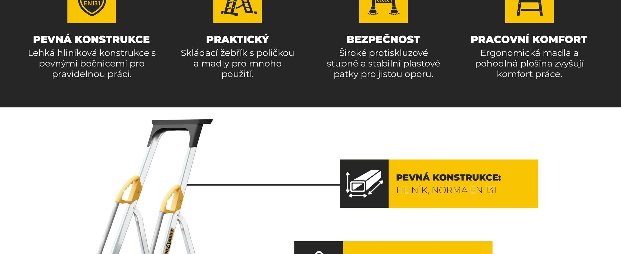 Drabest | Žebřík - 5 stupňů, nosnost 150 kg - žebřík s madly, hliníkový žebřík, protiskluzové patky, štafle, skládací žebřík