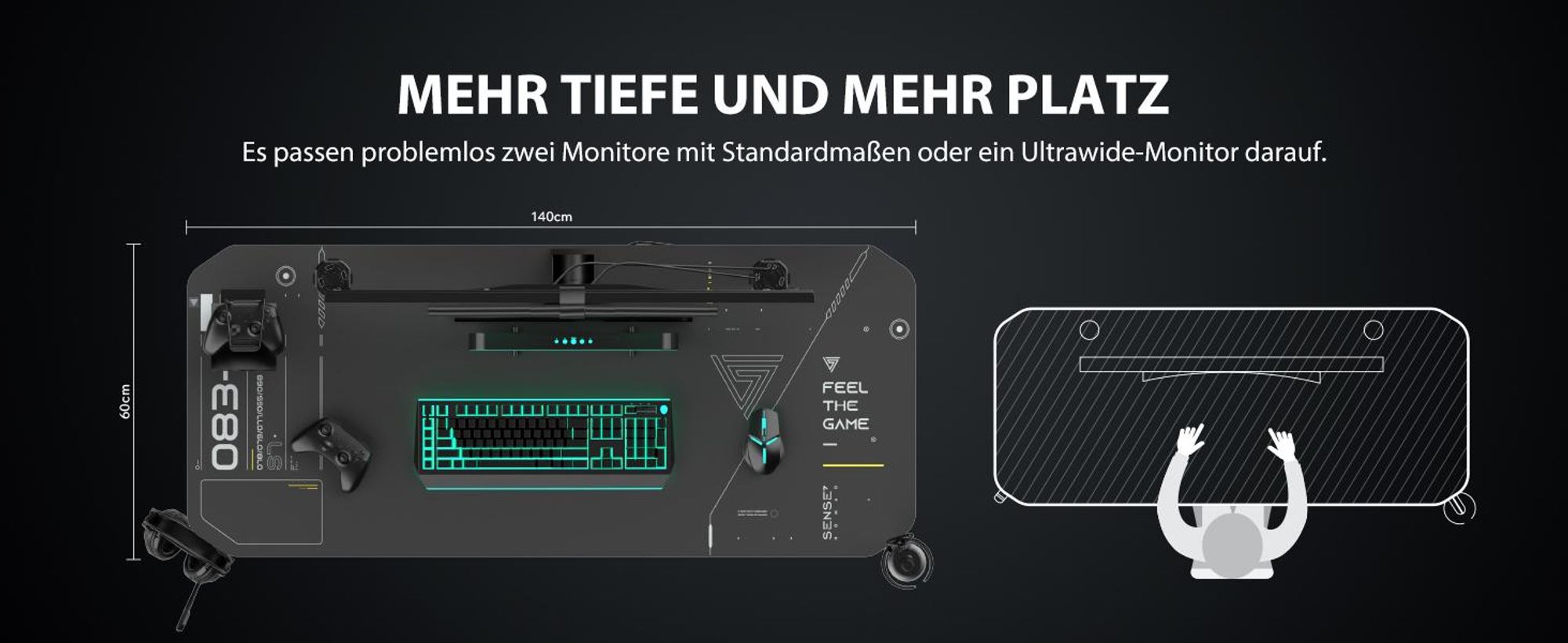 SENSE7 Nomad Cybernetic Gaming Tisch Schreibtisch 140x60 cm XXL - Mauspad Computertisch PC Tisch Gamer Desk Zocker Tisch Kabelmanagement Headsethalter