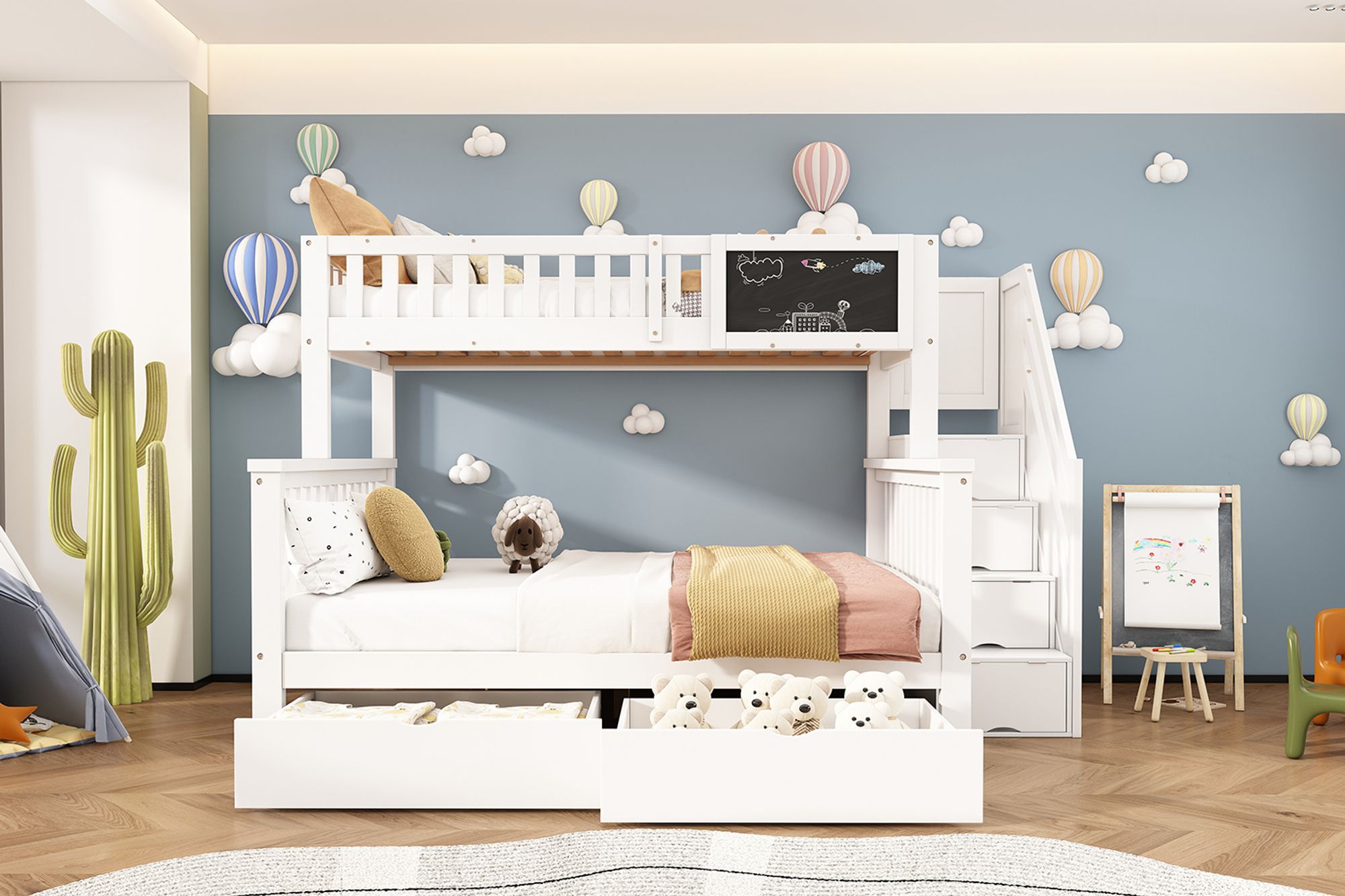 Flieks Etagenbett mit Treppe, Kinderbett 90x200cm/140x200cm mit Lattenrost, Hochbett mit Rausfallschutz, Massivholzbett Stauraumbett mit Schubladen, Weiß