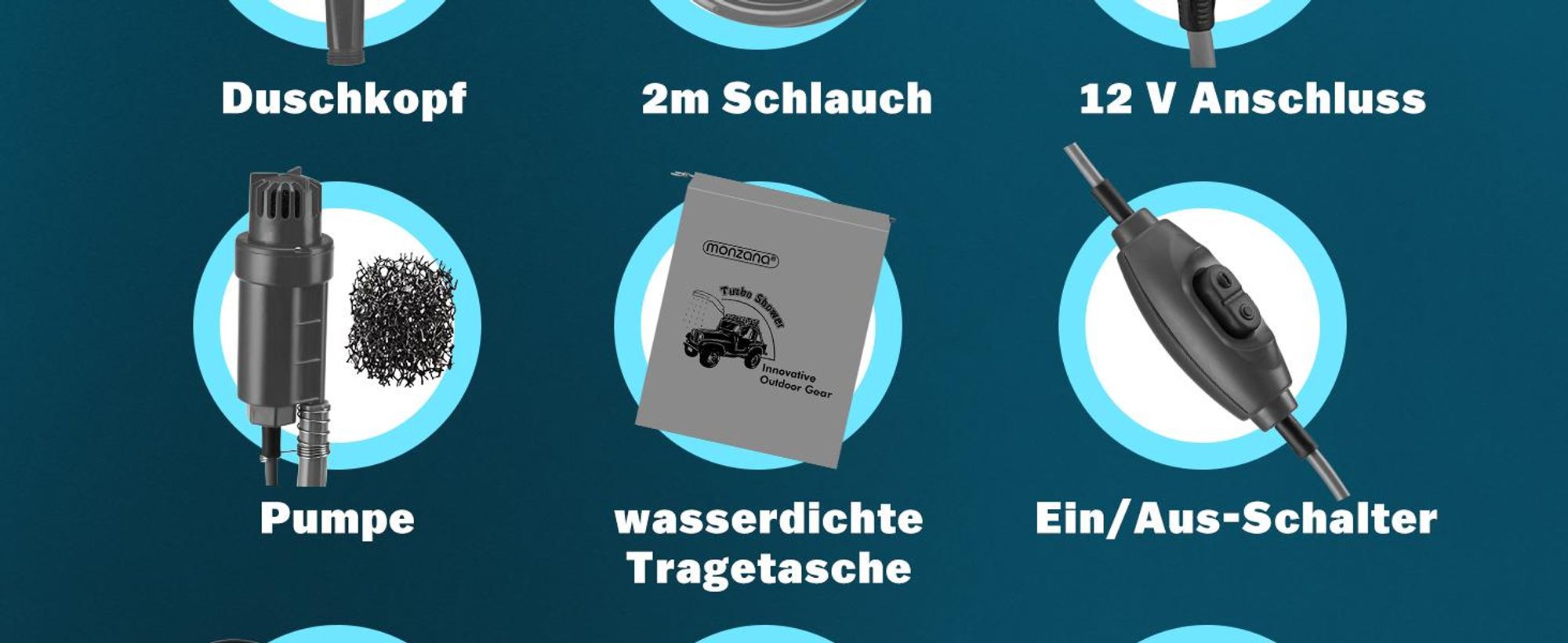 MONZANA® Campingdusche 12V KFZ-Adapter Aufbewahrungstasche 2m Schlauch 5m Stromkabel Handbrause Hundedusche Gartendusche Dusche Tauchpumpe anthrazit