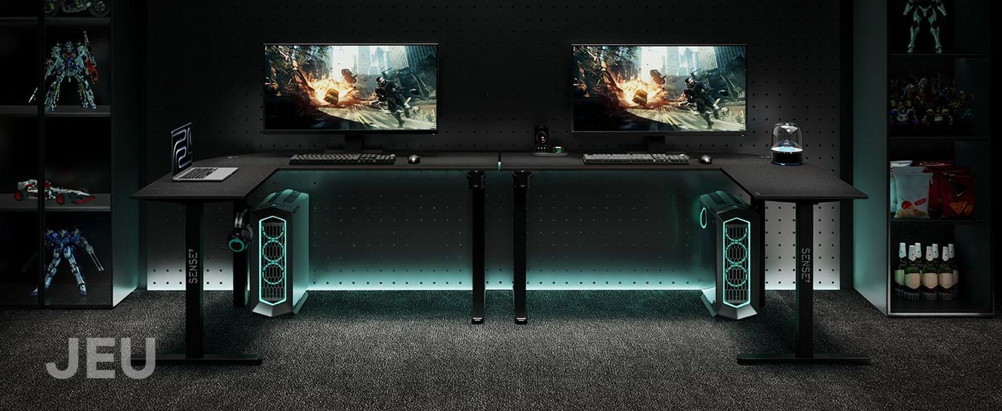 Bureau d'angle gaming Sense7 RONG, forme en L, 154x117 cm - Noir, aspect carbone. Bureau pour ordinateur, idéal pour les joueurs, montage flexible, parfait pour un bureau à domicile