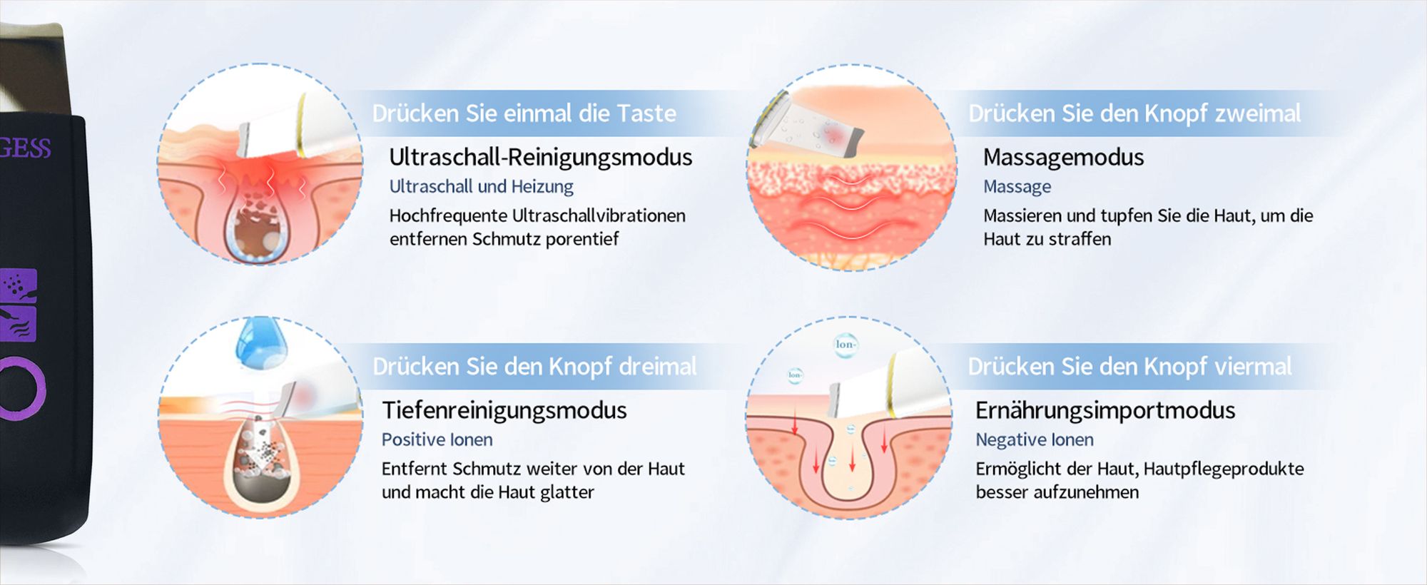 Ultraschallreinigungsgerät, Gesichtsreiniger, Mitesserentferner Porenreinigung Akne-Peeling, Mikrodermabrasion, Hautpflege, Massage, aufladbar GESS YOU