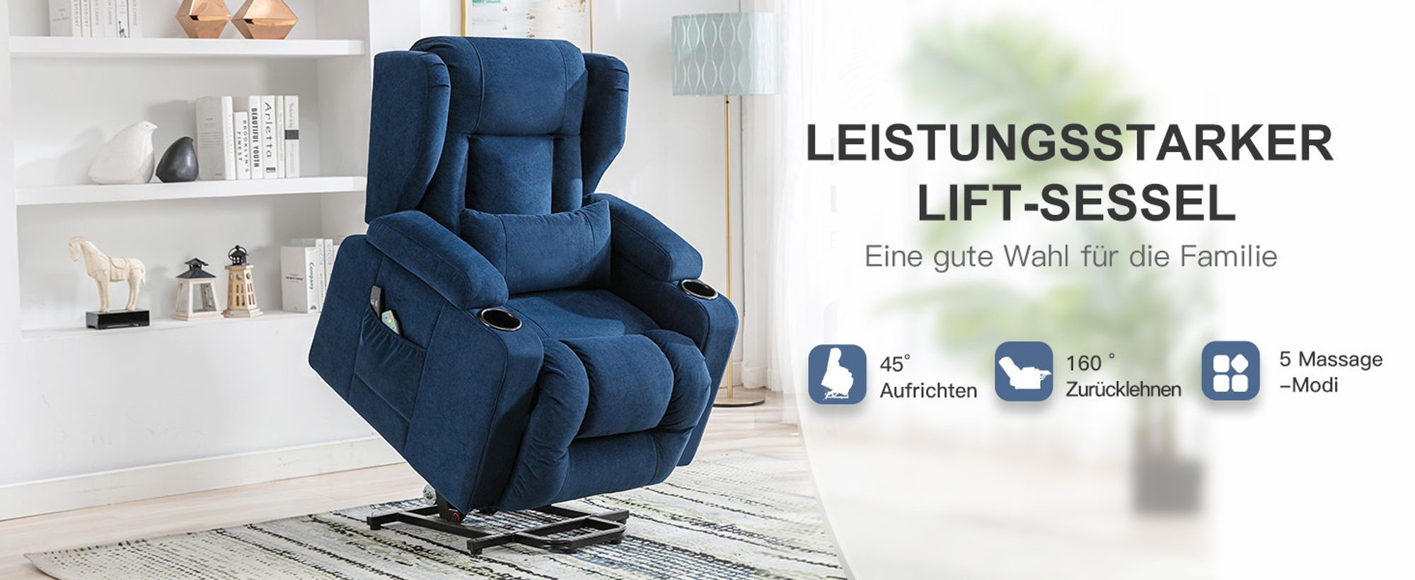COMHOMA Relaxsessel Aufstehhilfe Massagesessel Fernsehsessel Liege mit Massage Ergonomischer Sessel Stoffoberfläche blau