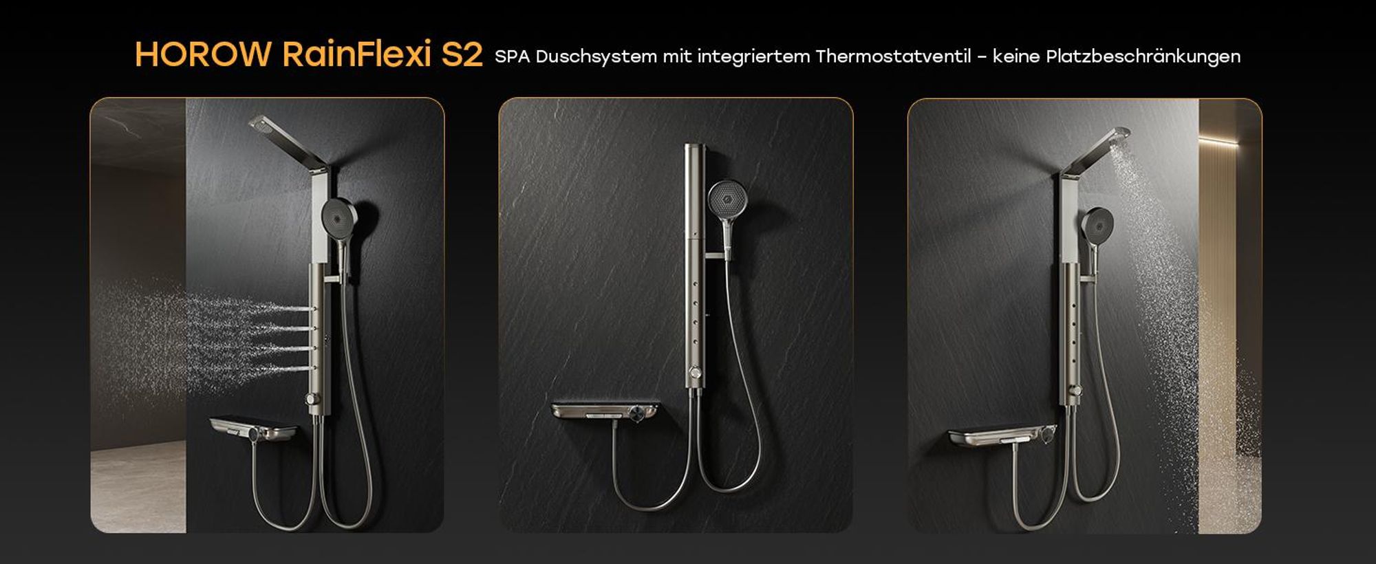 HOROW RainFlexi S2 Duschpaneel mit Thermostat, Grau Regendusche mit Klappbaren Kopfbrause, Höhenverstellbares Duschsystem