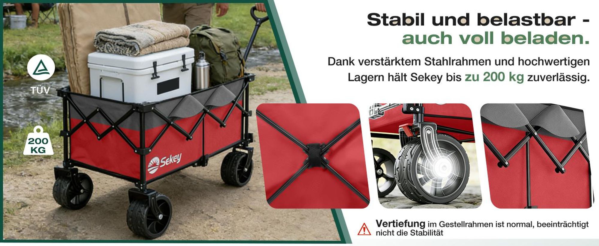 Sekey XXL Plus Bollerwagen Faltbar mit Extra Breite Räder, Faltbollerwagen belastbar 200kg Handwagen Klappbar Transportwagen, Grau und Rot