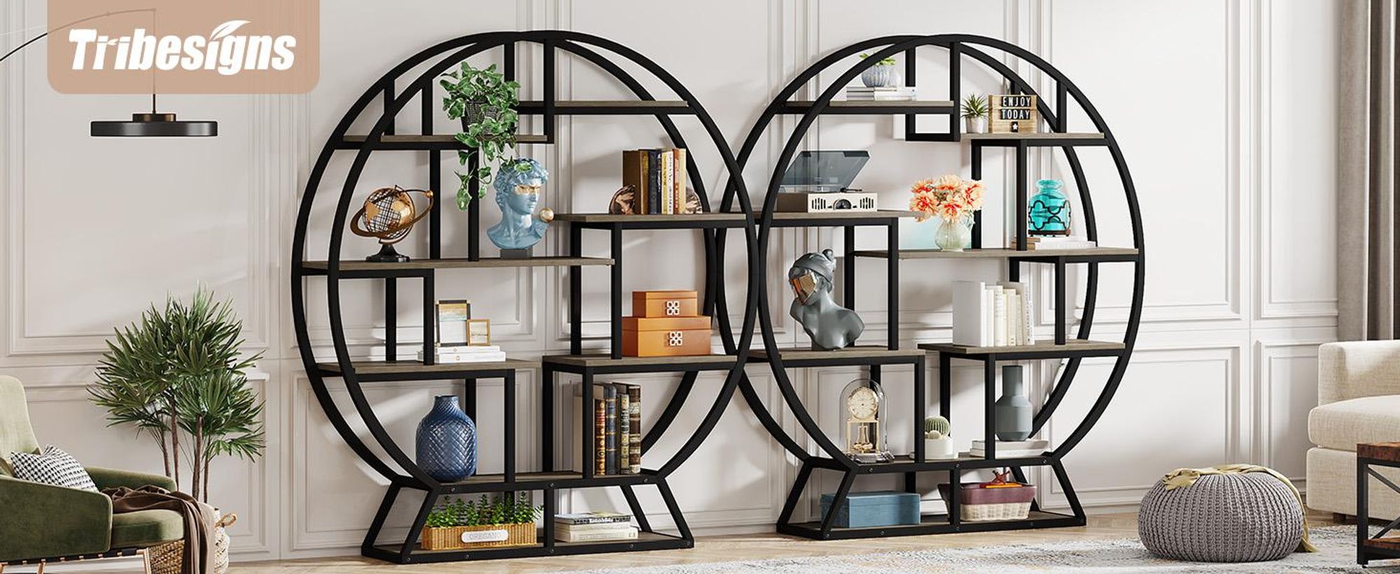 Tribesigns Bücherregal, rundes Bücherregal, Etagere-Bücherregal, 160 cm großes Bücherregal aus Holz im Industriestil mit versetzten Regalböden, Grau