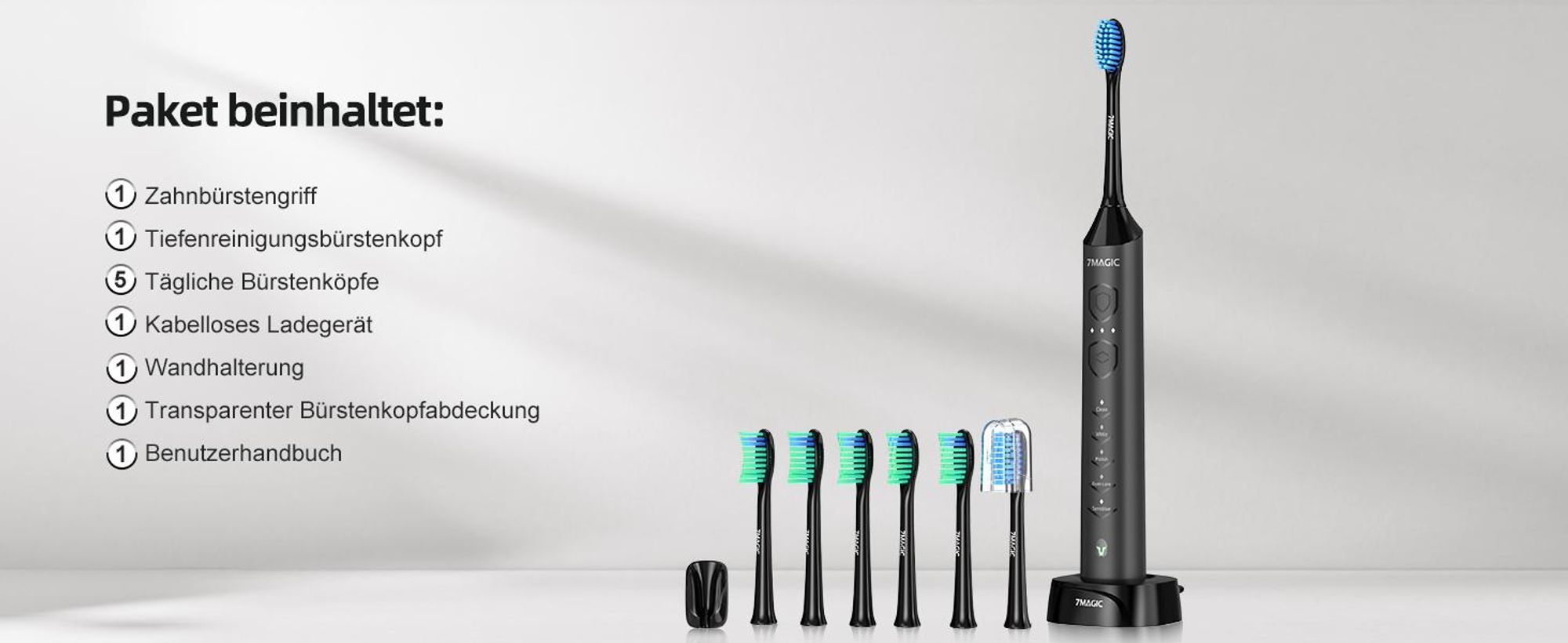 7Magic Elektrische Schallzahnbürste, Deep Clean Modi, 6 Bürstenköpfe, schnelle Aufladung für 60 Tage&40000 VPM, 5 Modi, Erwachsene und Kinder, Schwarz