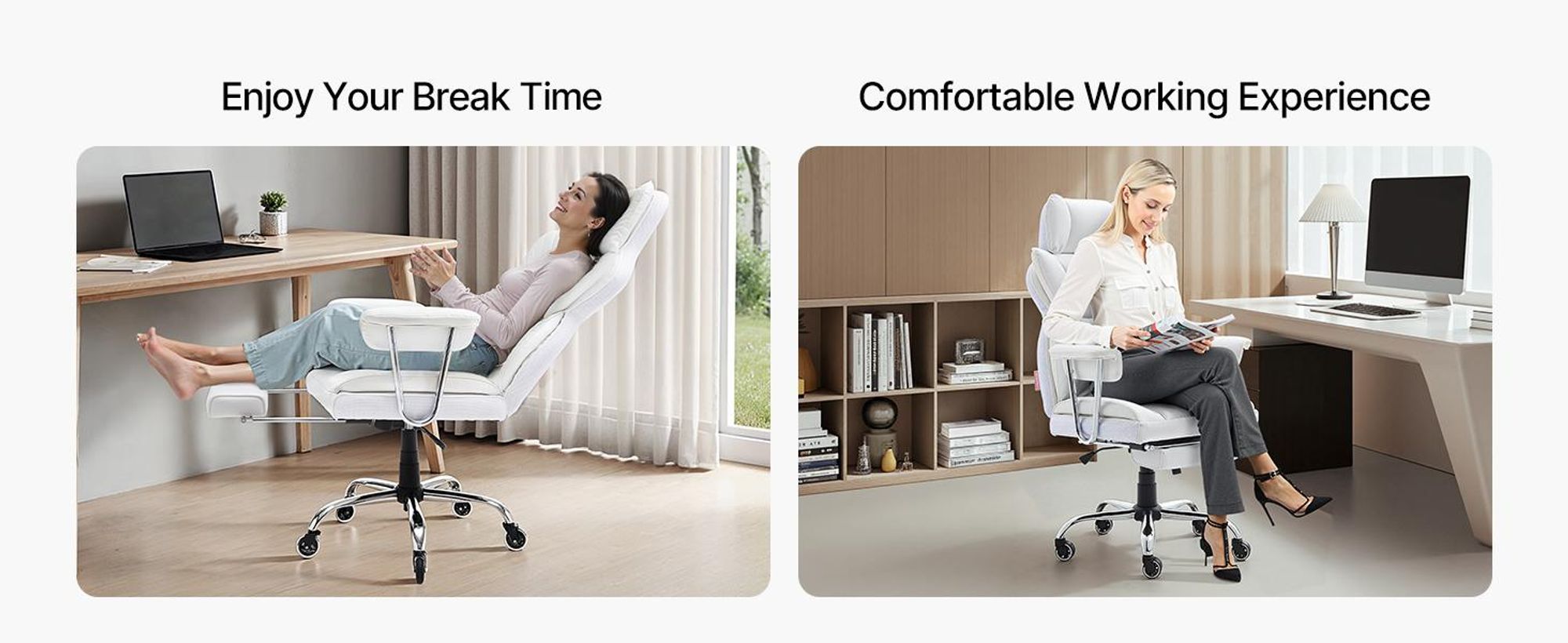 VEVOR Bürostuhl Kunstleder Weißer Chefsessel mit Fußstütze, Schreibtisch Drehsessel Höhenverstellbar 0–80 mm, 181,43 kg Tragfähigkeit, Chefsessel Bürostuhl 860 x 610 mm Rückenlehne Drehsessel