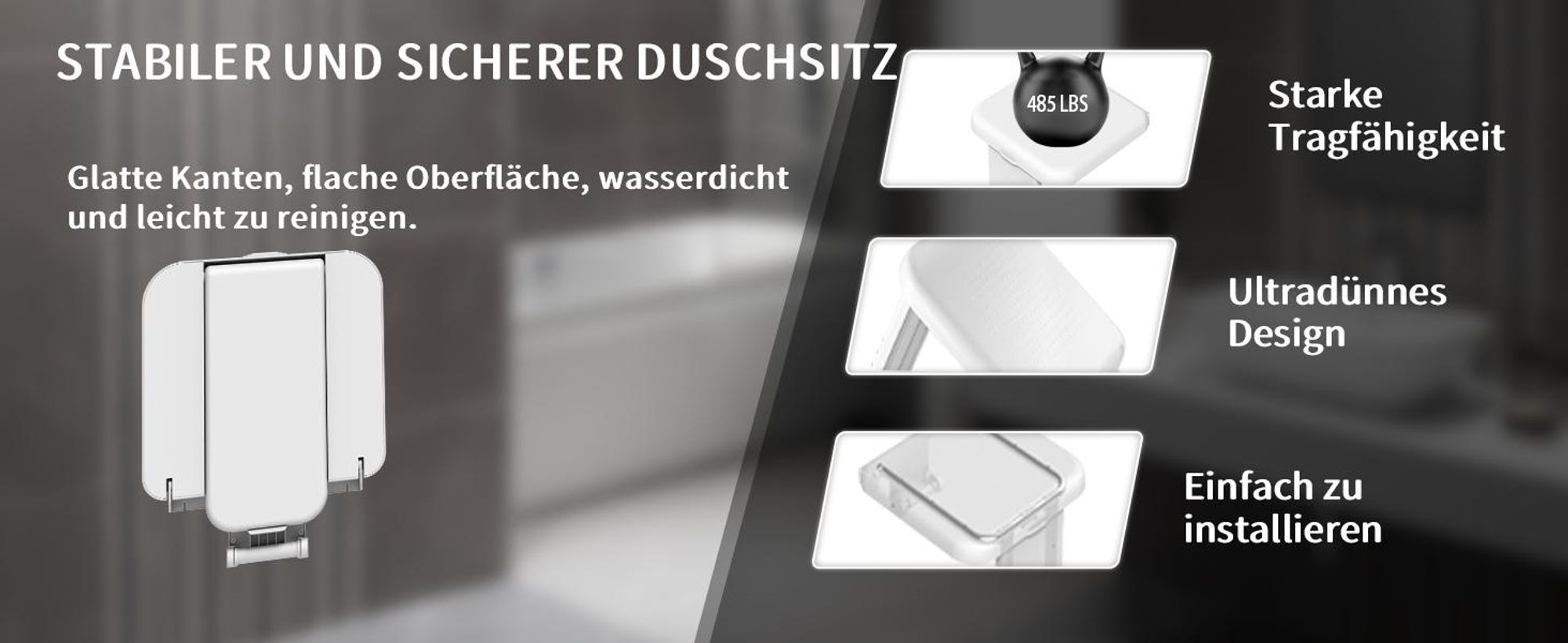 HEUFFE Duschsitz Klappbar Wandmontage， Duschklappsitz Klappsitz Dusche bis 200kg Badestuhl Duschhocker-Badhocker Hocker Duschstuhl für Senioren, Weiß