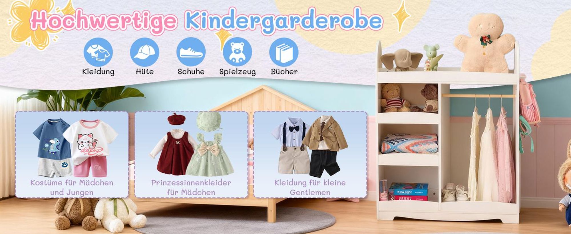 FCH kinderkleiderschrank mit 3 offener Ablagen, Haken, Kindergarderobe mit Kleiderständer, Weiß