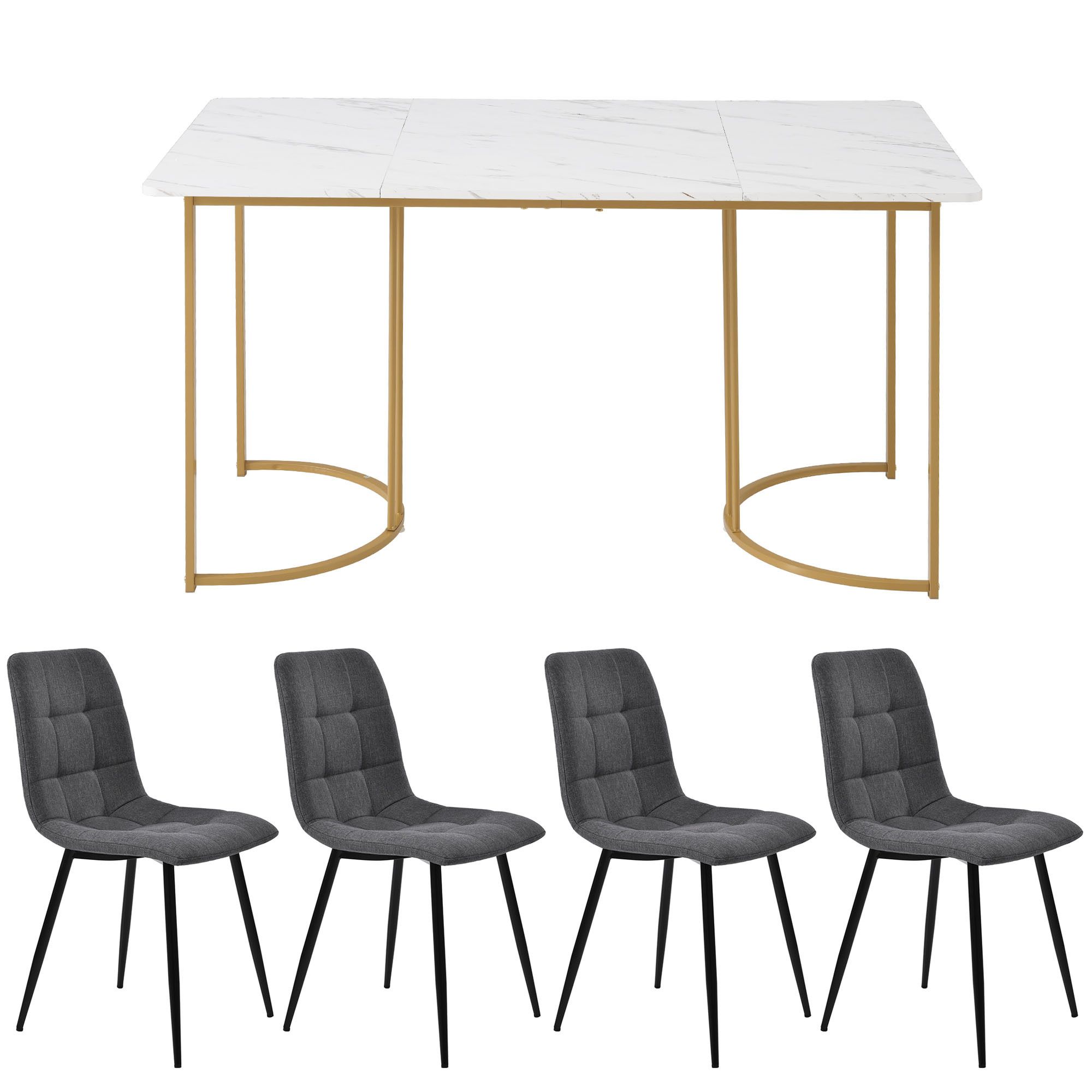 Flieks Essgruppe Esstisch mit 4 Esszimmerstuhl, Sitzgruppe Küchentischset 5tlg., Küchentisch mit 4 Esszimmerstuhl, Stuhl mit Leinenbezug, Grau Gold