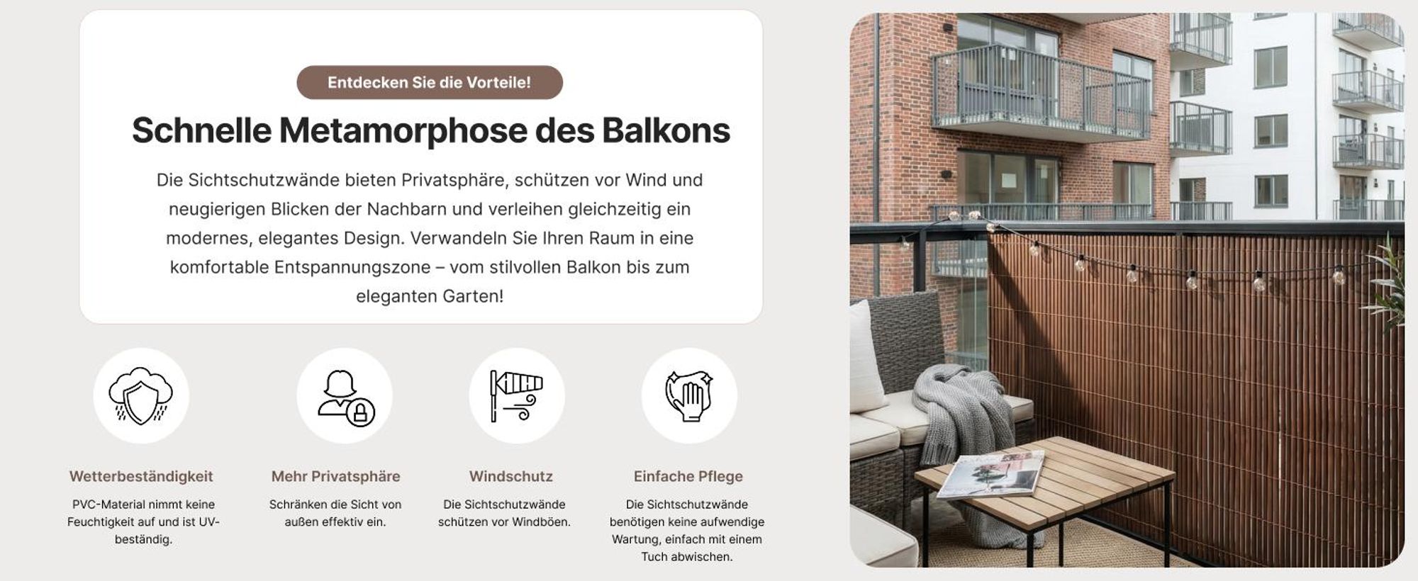 Sichtschutz Balkon, Terrasse, Garten, PVC, Mazovia 100x300 cm Grau, Sturmfest, Ohne Bohren Sichtschutzmatte, Wetterfest und UV-beständig, Ganzjähre