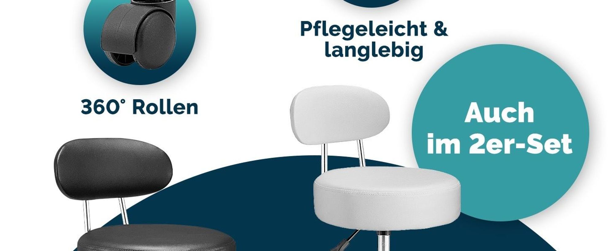 CASARIA® Rollhocker mit Lehne Höhenverstellbar 10cm Polsterung 360°C Drehbar 46-60cm Sitzhöhe Büro Küche Bürohocker Drehhocker Arbeitshocker Hocker Weiß