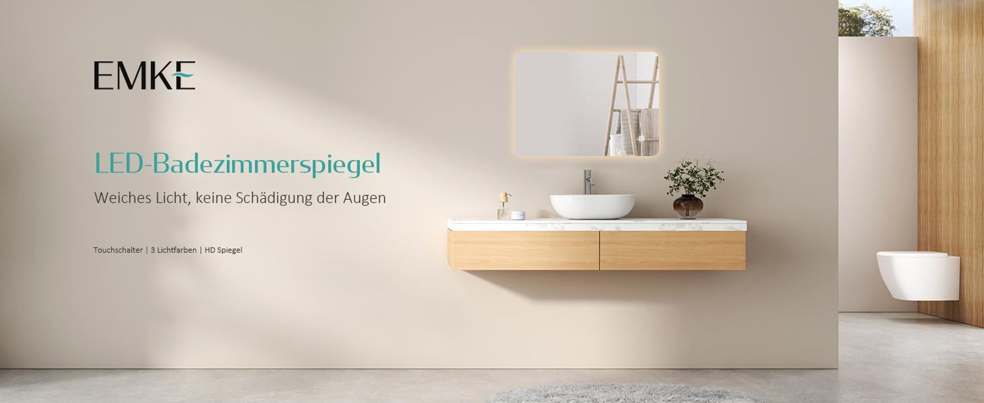 EMKE LED Badspiegel 80x60cm mit Beleuchtung 3 Lichtfarbe kaltweiß Neutral Warmweiß Lichtspiegel Badezimmerspiegel mit Touchschalter