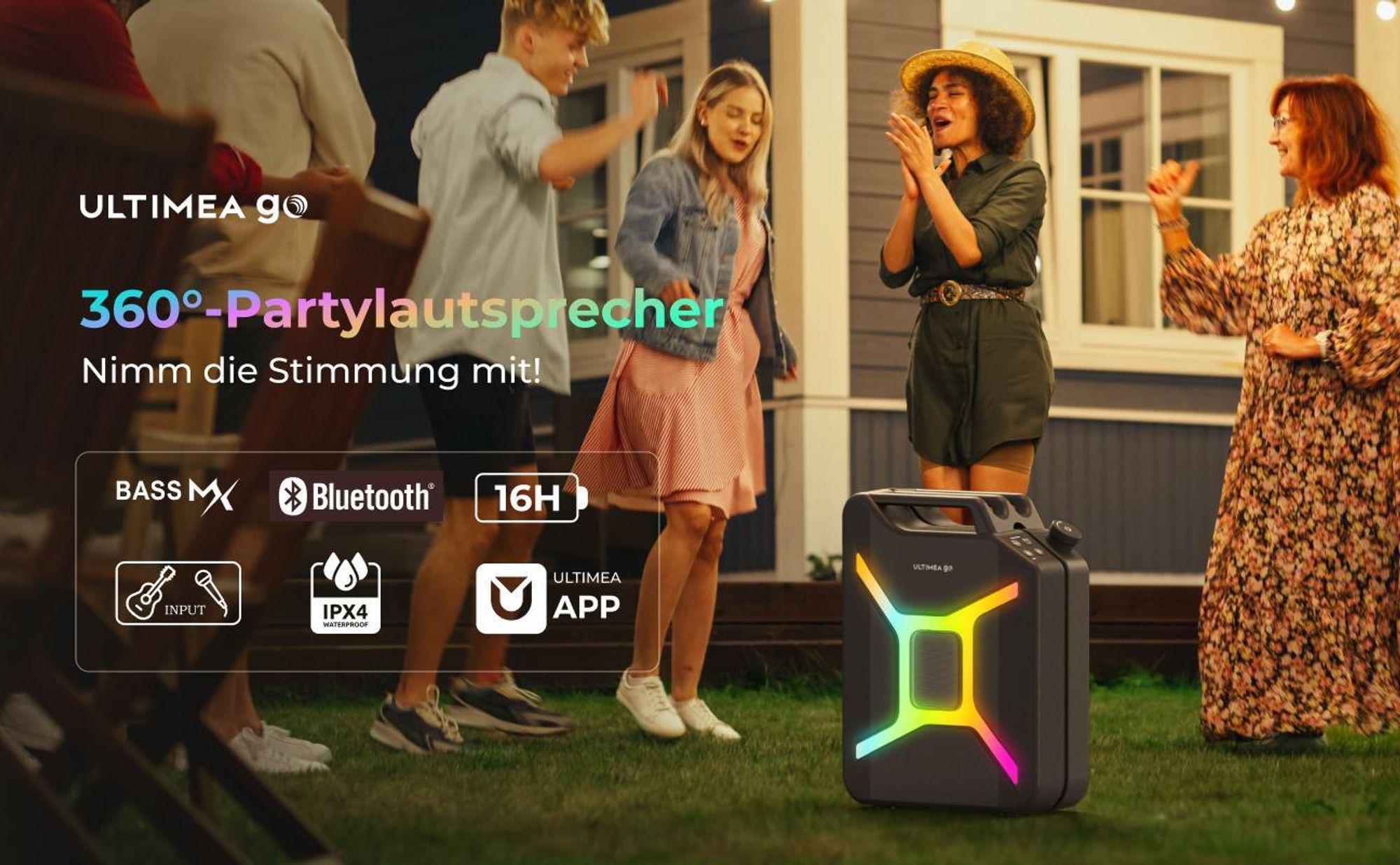 ULTIMEA Go tragbarer Party-Lautsprecher, 300 W Bluetooth PartyBox mit Bass-Boost, RGB-Beleuchtung, Mikrofon-/Gitarreneingang, Party & Outdoor, Schwarz