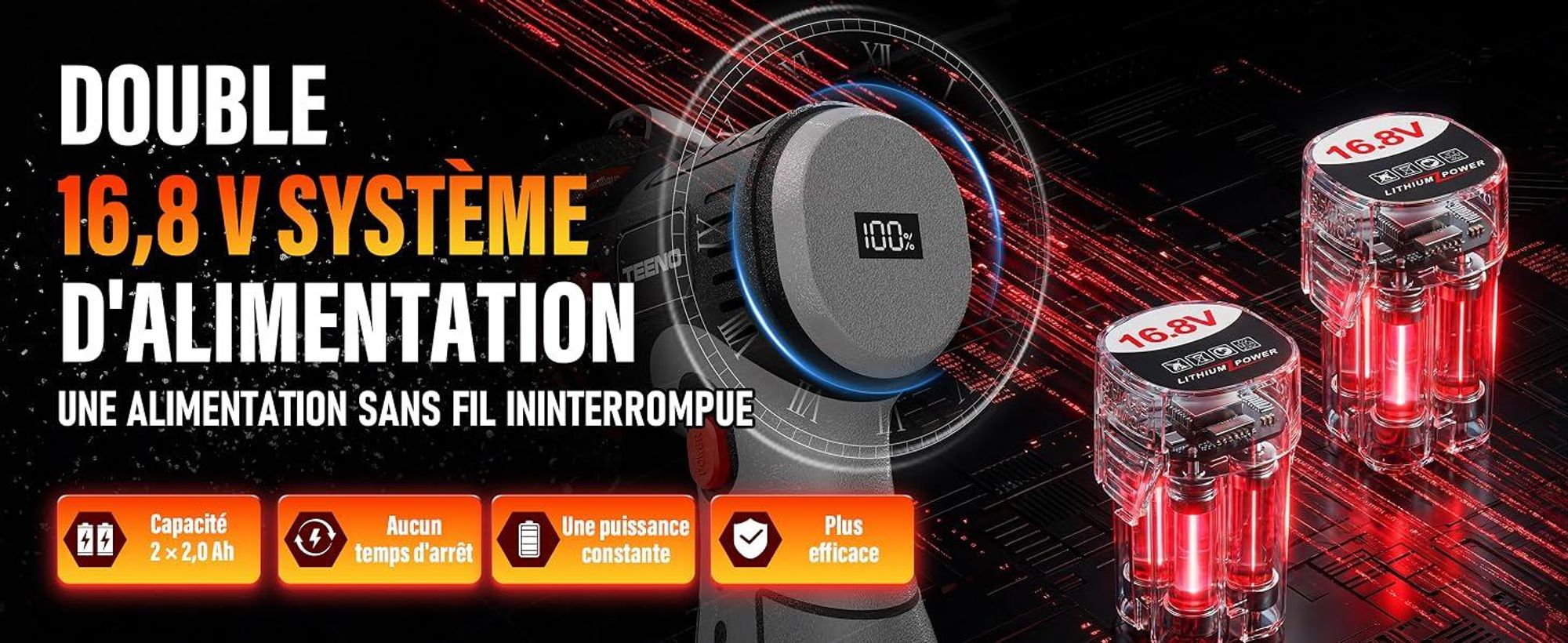 TEENO Meuleuse d'Angle Sans Fil Brushless 16,8V 76mm 19500 tr/min Moteur 800W, Écran LED, 2 Batteries 2000mAh, 6 Disques & Coffret. Couper, Poncer.