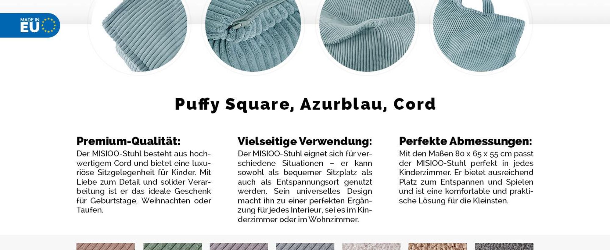 MISIOO Sitzsack Pouf für Kinder - Puffy Square - Kindersessel - Samt Pouf aus Cord - Ideal für das Kinderzimmer - Leicht zu Waschen - Blau